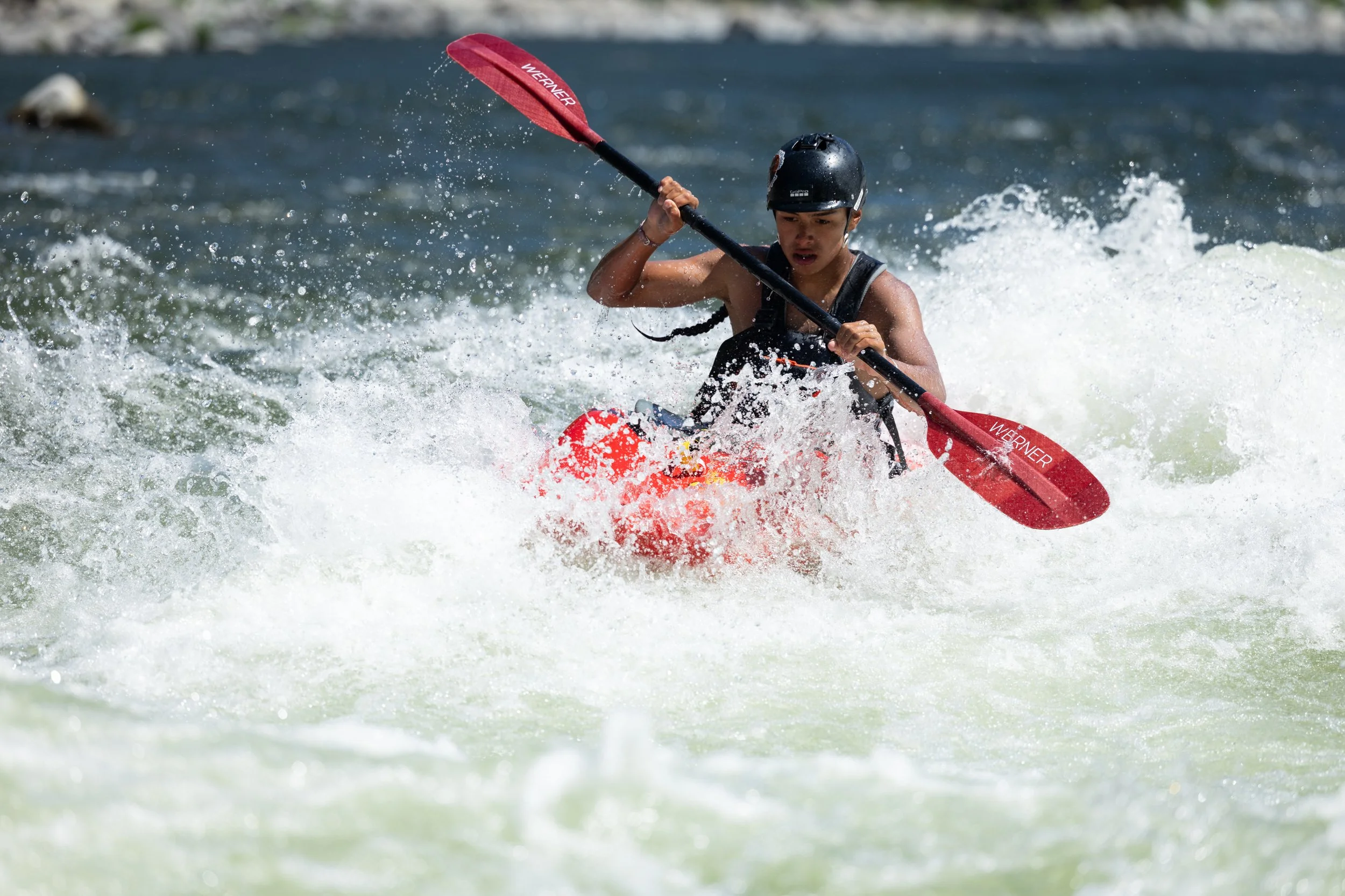 'A:de'ts Rogers (19) Indigenous kayaker on the First Descent of the Klamath River 2025. Photo by Erik Boomer.