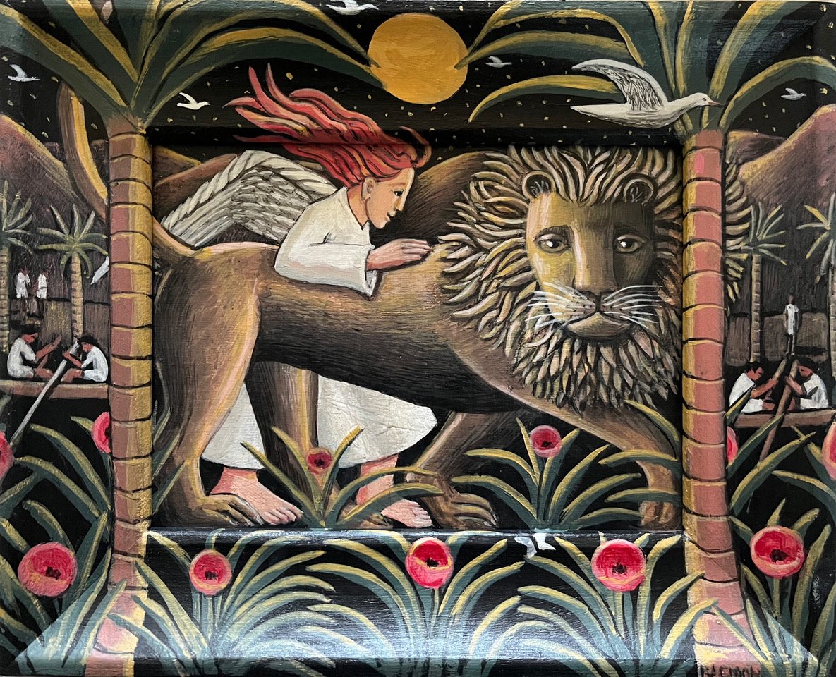 PJ Crook, Lion with an Angel and a Dove 9 x 11in 1.jpeg