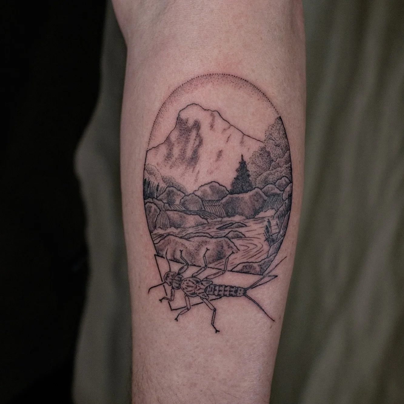 Eine Steinfliegenlarve mit Traunstein im Hintergrund für Heinrich! 
✨ Wenn ihr auch Lust auf solche Tattoos habt, schreibt mir jederzeit euere Ideen, denn ich vergebe jetzt alle Termine bis Ende Juni und freu mich schon! 
✨Alle Buchungsinfos f