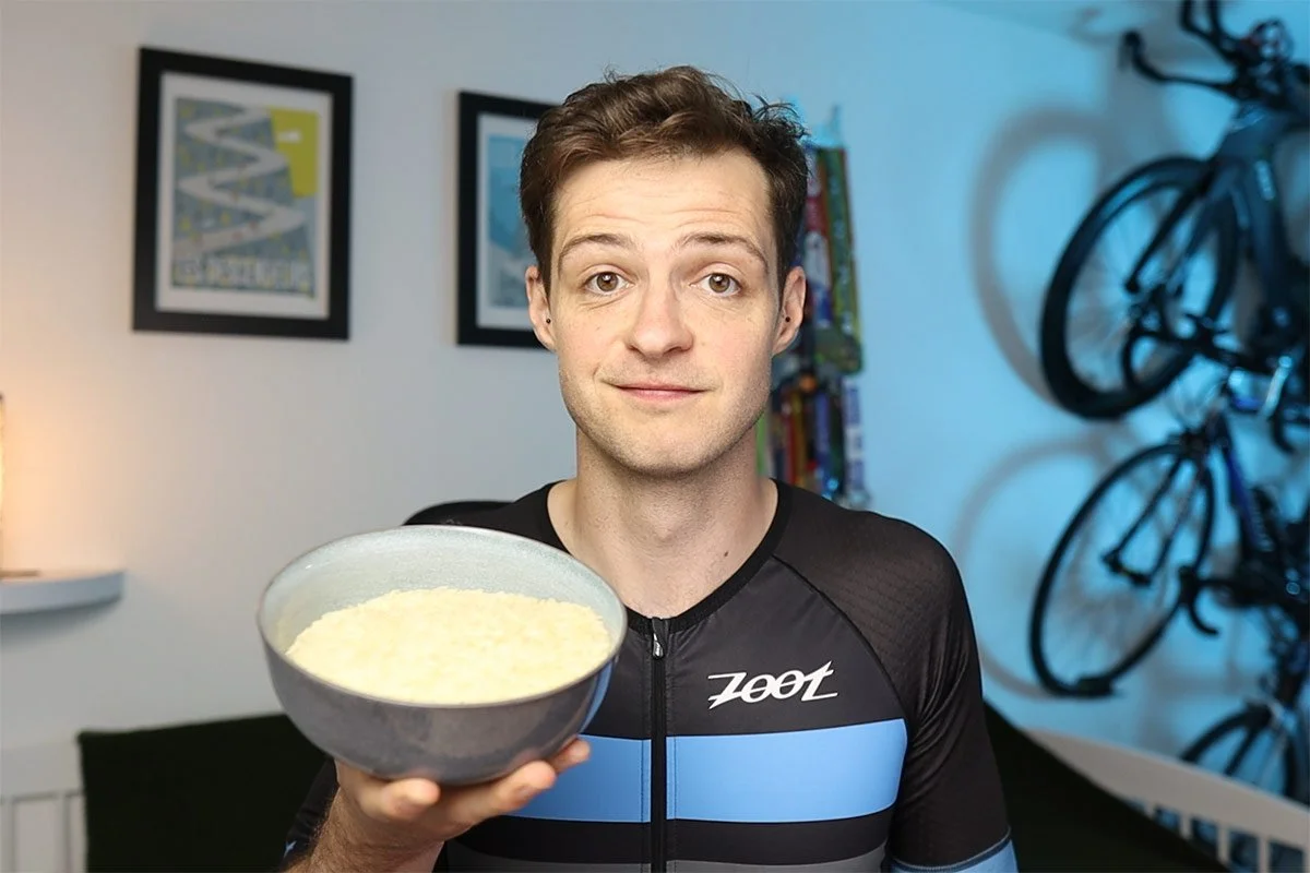 James holding a bowl of rice