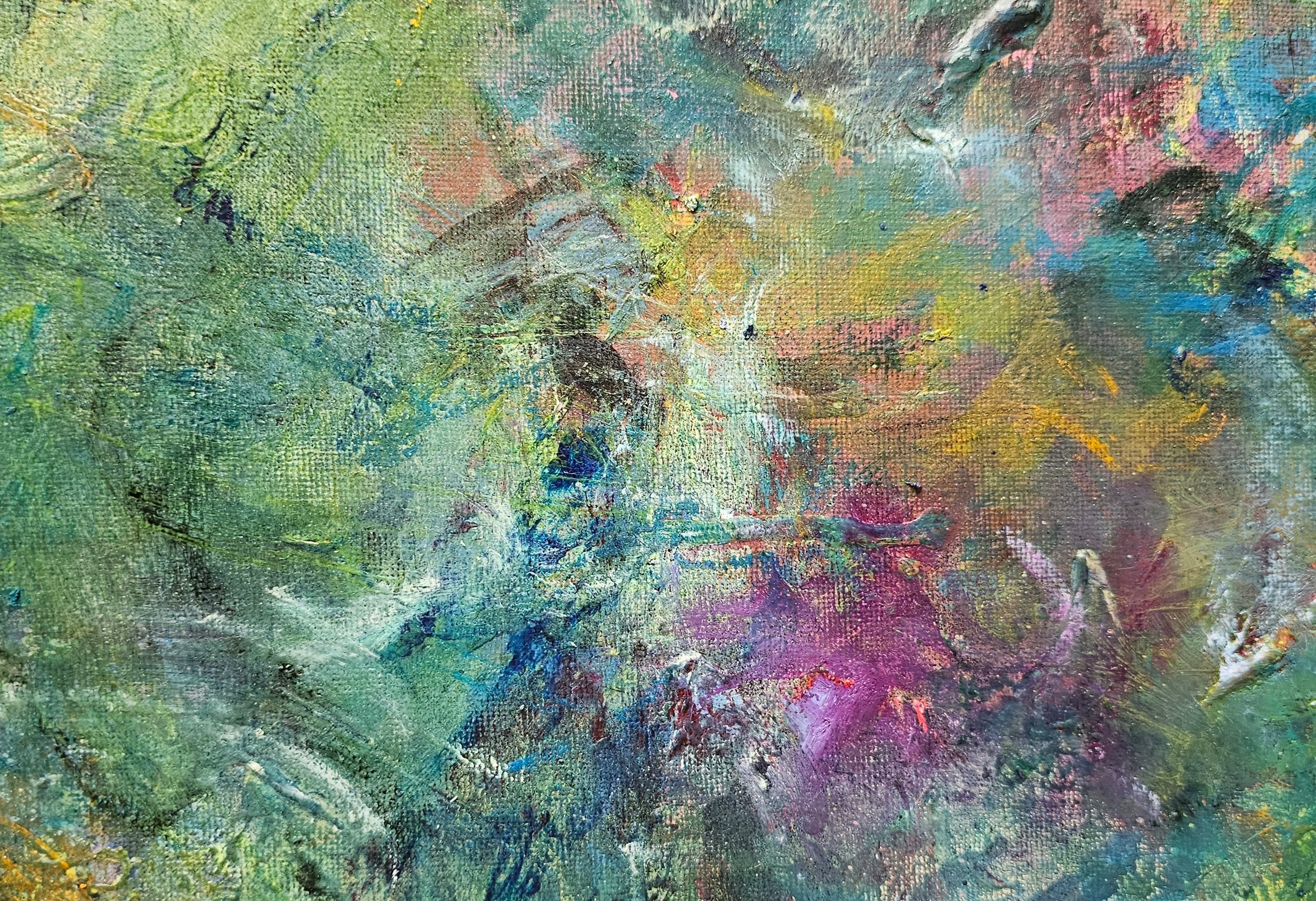 Close-up of an abstract textured painting with vibrant colors including green, yellow, pink, blue, and black.