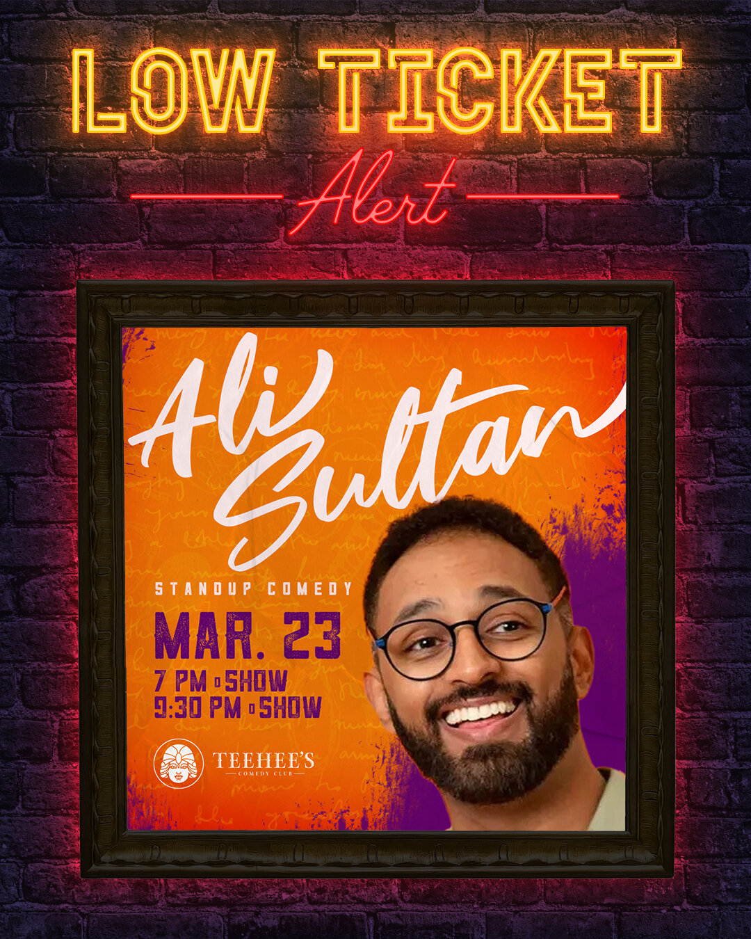 Tickets are officially running low for @alisultancomedy at 7 PM tonight! 🎟️🔥

Get yours for 7 PM &amp; 9:30 PM now at www.teeheescomedy.com/ali-sultan