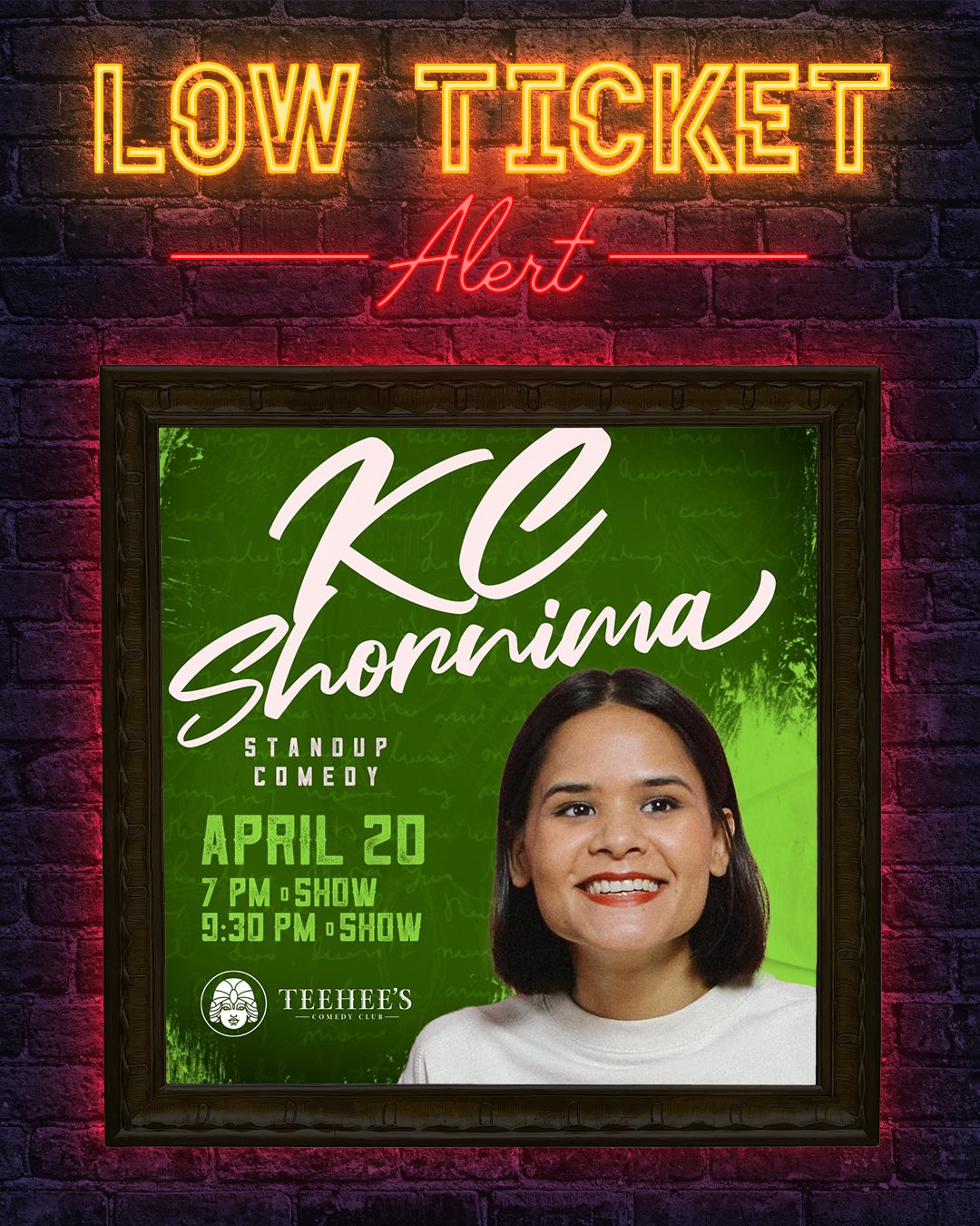 Tickets are officially running low for the 7 PM show with KC Shornima this Saturday! 🎟️🔥

Get 🎟️🎟️🎟️ now at www.teeheescomedy.com/kc-shornima