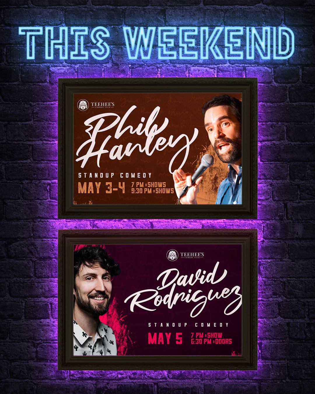 🔥🎤🔥 This weekend we have Phil Hanley taking over Friday and Saturday. Then on Sunday, David Rodriguez stops in for a show!
Get 🎟🎟🎟 at teeheescomedy.com/shows