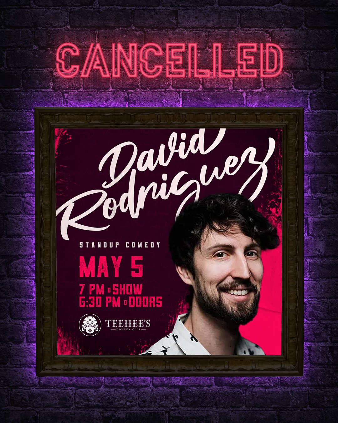 ⚠🎤⚠ Hello everyone,
Unfortunately tonight's show with David Rodriguez is cancelled tonight. His flight was delayed more than a handful of times and he won't make it into town in time to perform.
For everyone who purchased tickets, you can expect to 