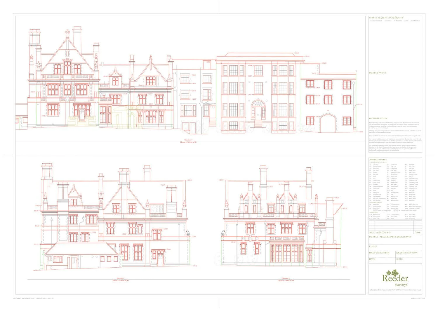 Example measured survey drawing, of a large school building, showing the elevations and detailing windows, doors and general structure heights.