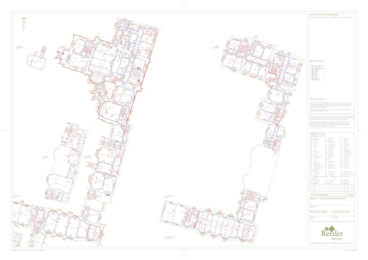 Example measured building floor plan of a large school building, showing room sizes, wall thickness, levells of floors and ceilings.