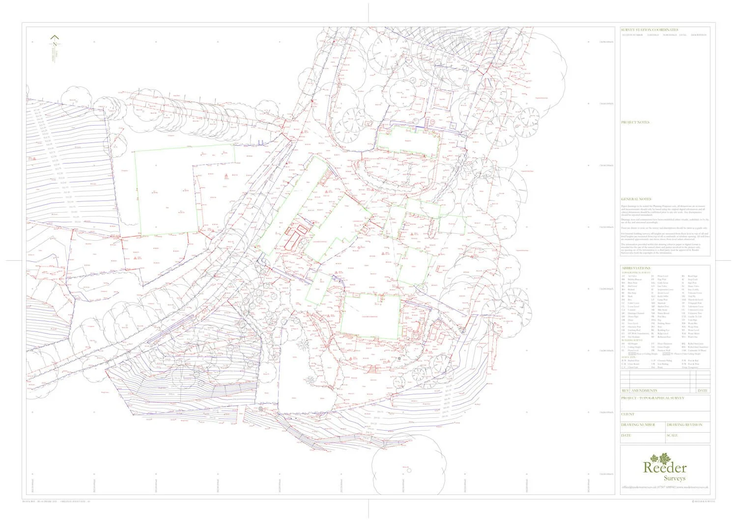 Example topographical plan of a garden survey, showing all features on the site, including site boundaries, house poisition and contour levels throughout the site.