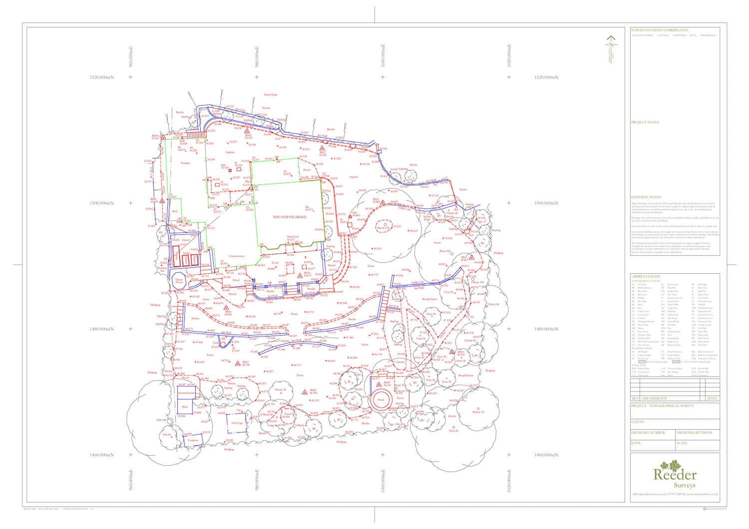 Example topographical plan of a garden survey, showing all features on the site, including site boundaries, house poisition and levels.
