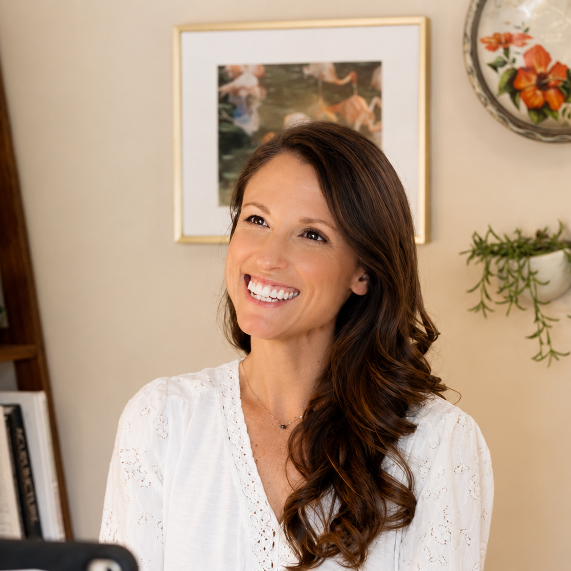 Woman with long brown hair smiling