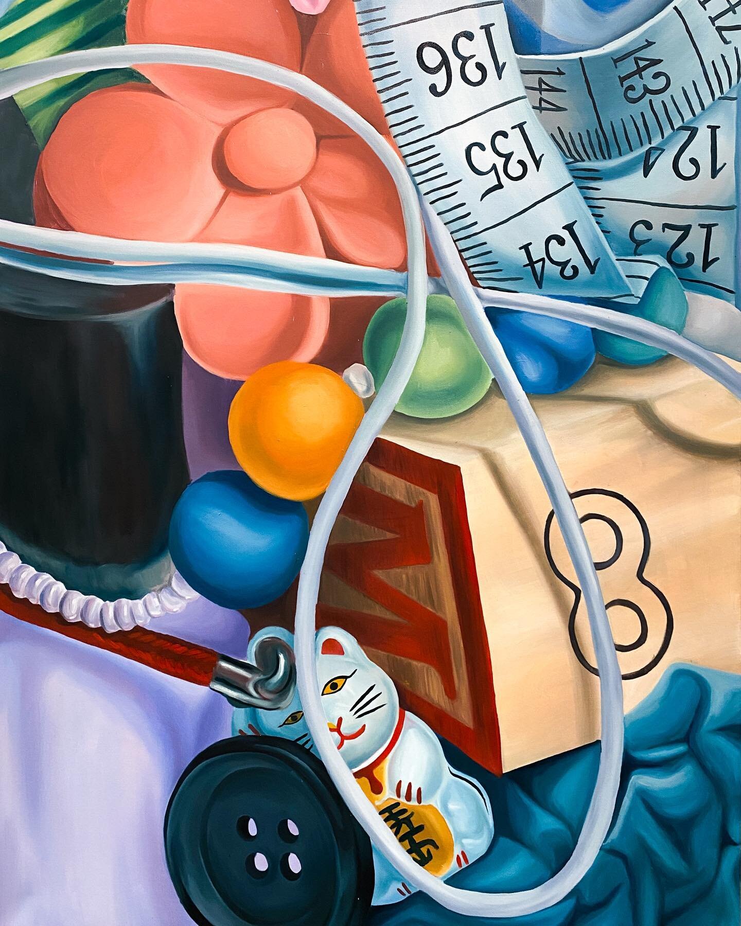 My latest assignment for my painting class! For this assignment, we had to fill a jar with small objects and then paint the objects as if the jar wasn&rsquo;t there. Swipe to see my progress and what my jar looked like! (36 x 48 in., oil on canvas) 
