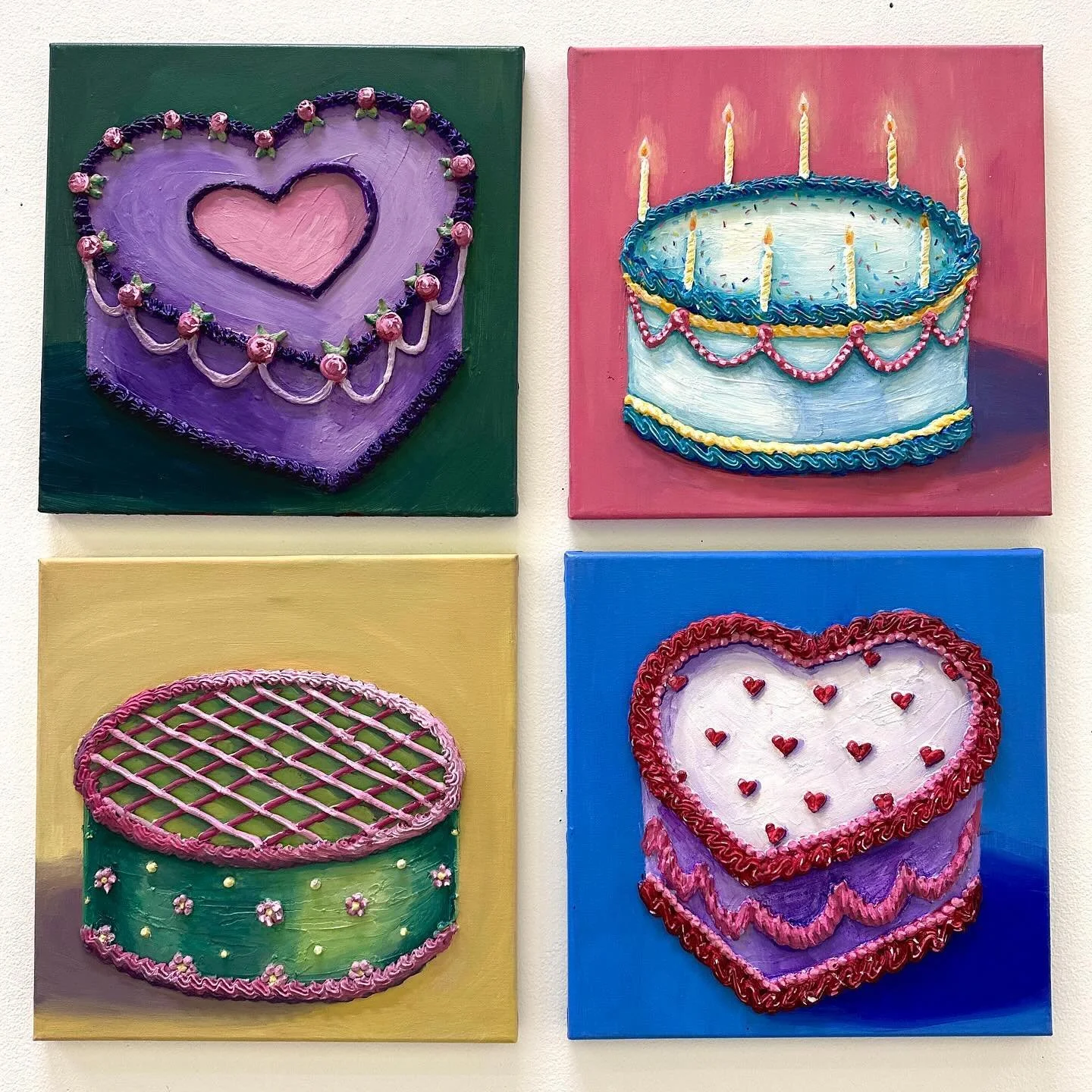 I had so much fun making ceramic cakes that I decided to try painting some! For these, I applied spackling to 12 x 12 in. canvases using cake decorating tools and painted over it with acrylic. Swipe to see some progress shots 🎂

#art #artstudent #pa