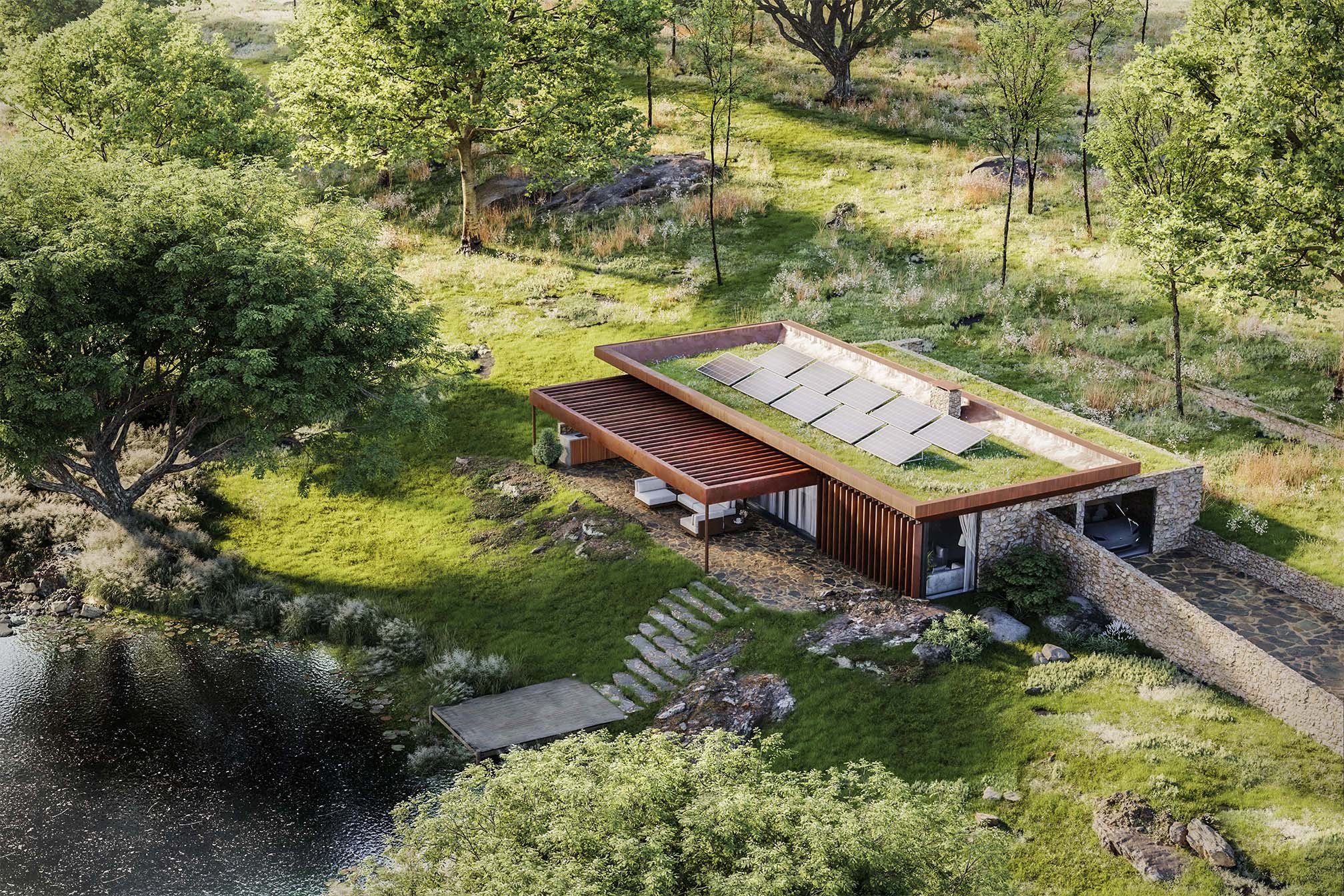 Contemporary stone pavilion set into a grassy slope, with a projecting rusted steel roof, full-height glazing and naturalistic planting at Rolling Hills.