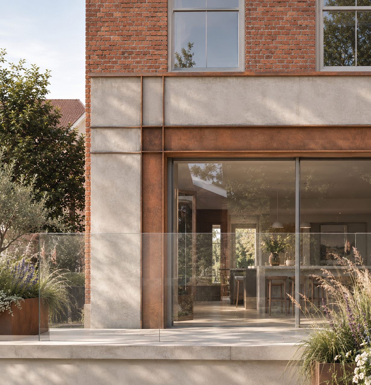 Close-up of Donnington House's contemporary extension, with pale concrete panels, Corten steel detailing and large glazed doors beside the original brickwork.