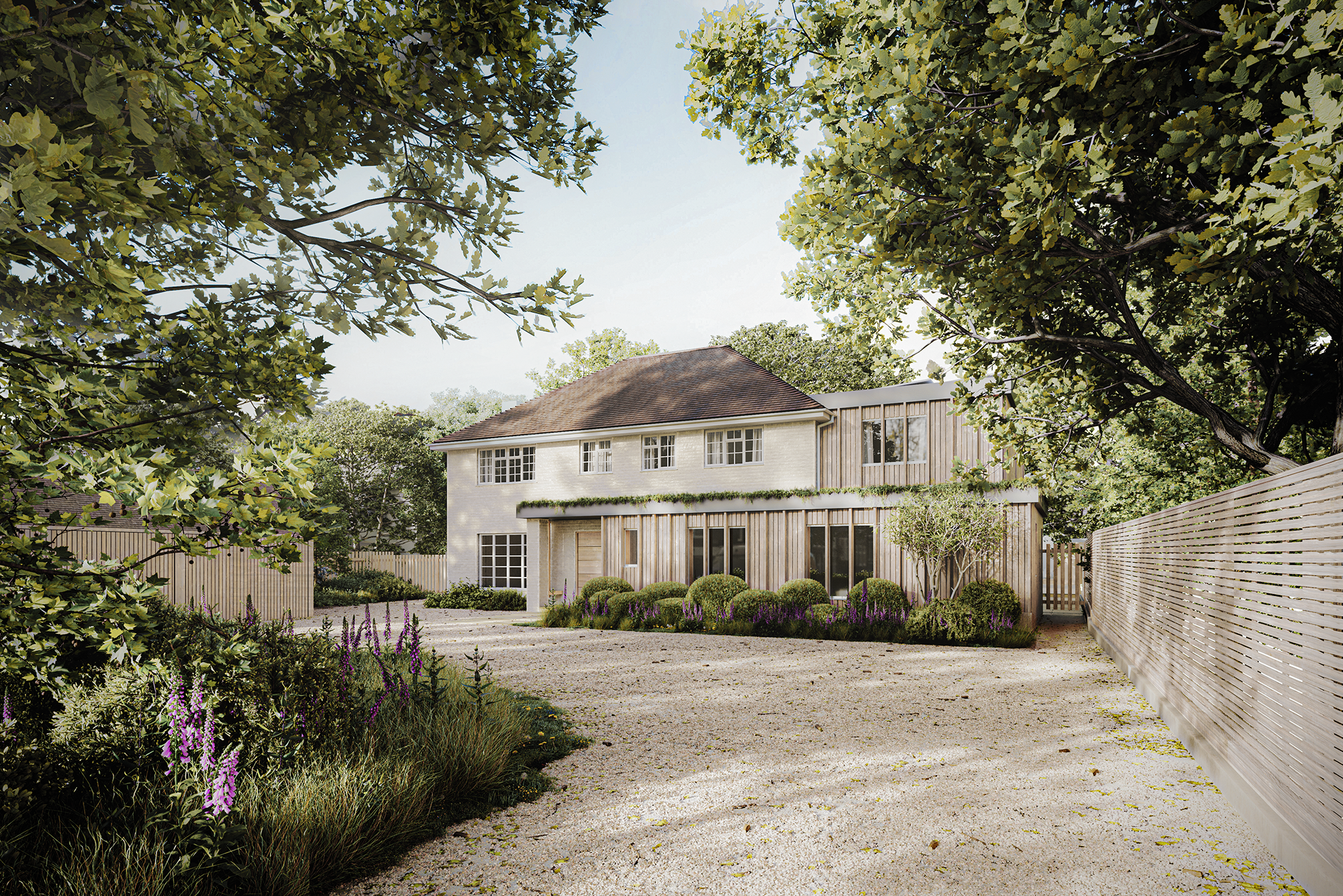 Exterior of Wighthaven showing the original house alongside a contemporary timber-clad addition, with large windows and landscaped planting.