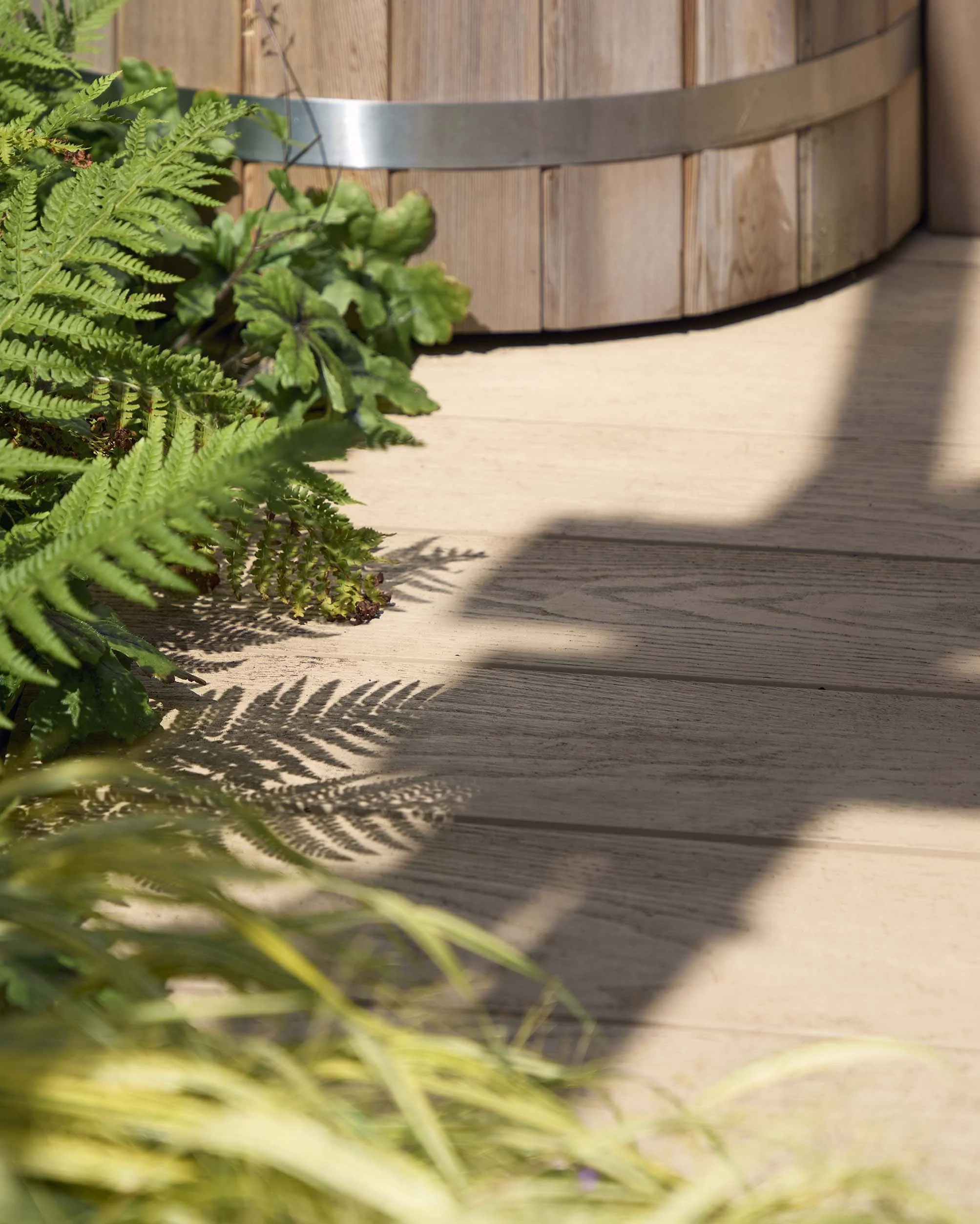 Timber decking beside the outdoor bathing area, with fern planting and natural sunlight highlighting the materials and textures of the garden.