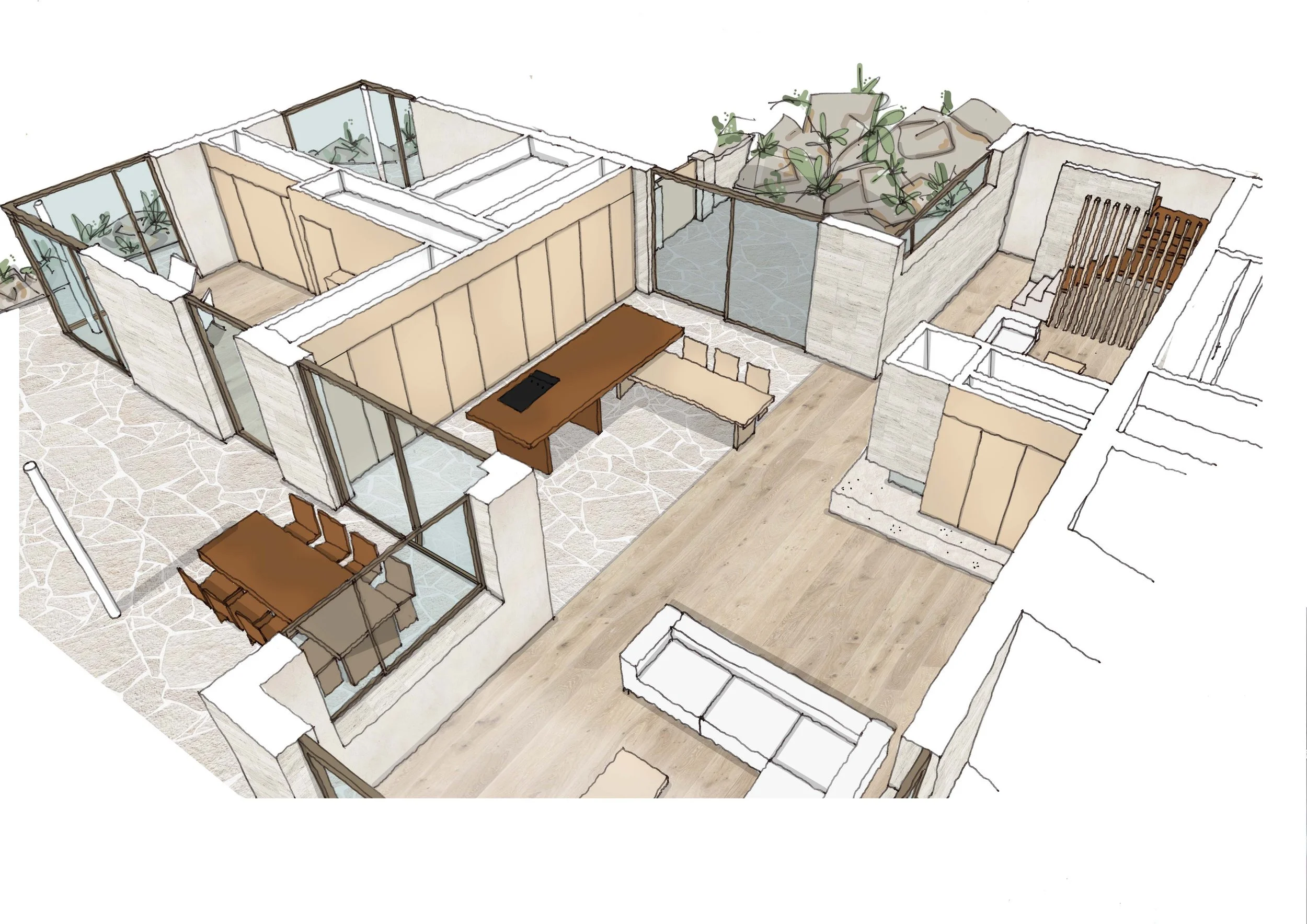 Architectural concept sketch showing an open-plan kitchen and dining space with a central island, timber flooring and glazed connections to the outdoor terrace.