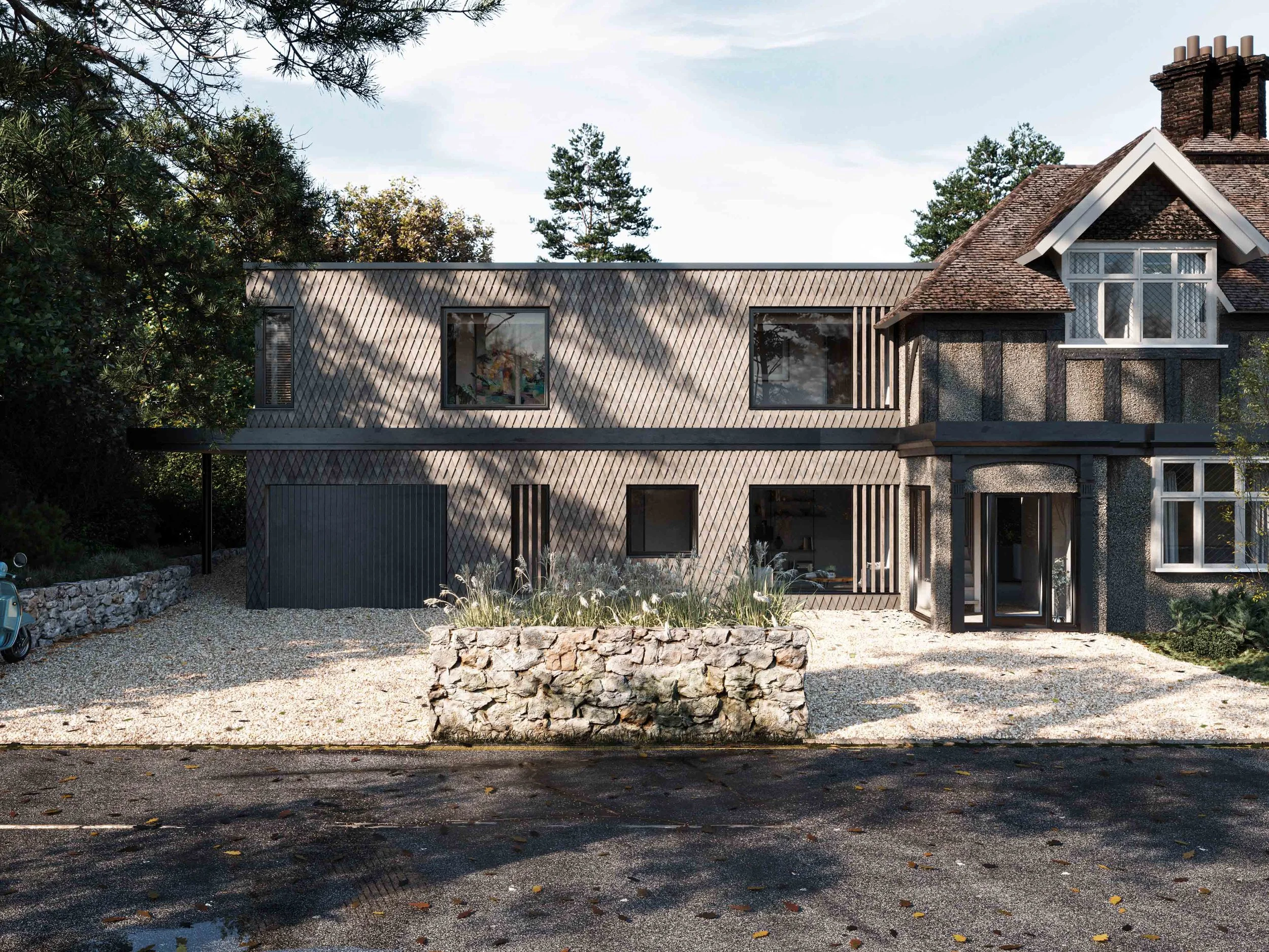 Contemporary timber extension on traditional tudor inspired building isle of wight