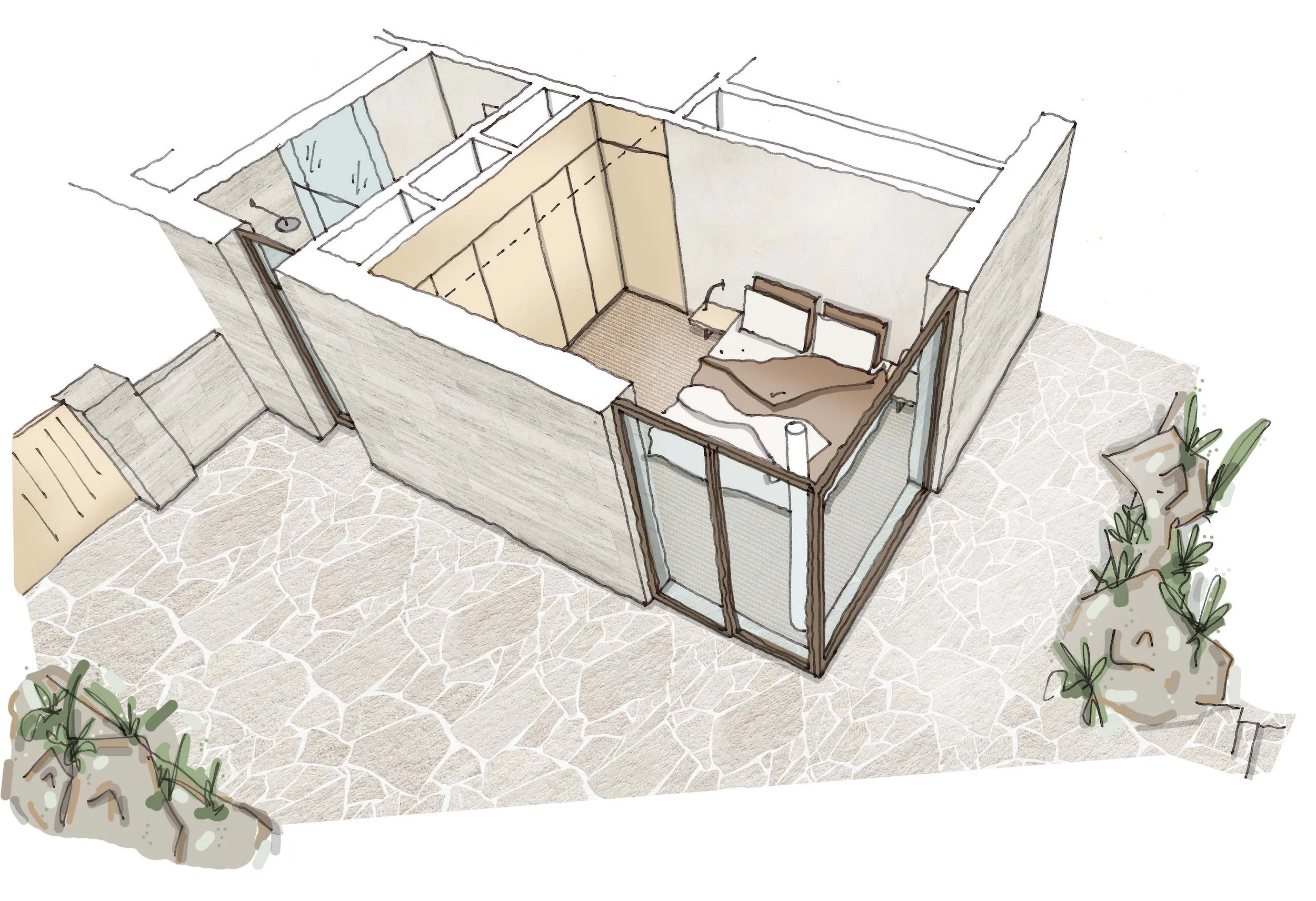 Architectural concept sketch of a minimalist bedroom with a double bed, full-height glazing and direct access to an outdoor terrace.