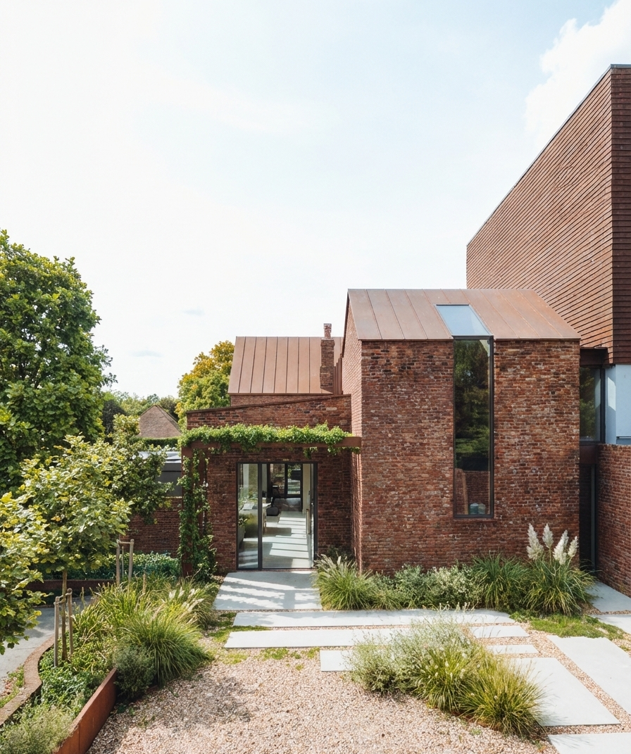 Contemporary commercial architecture at The Old Forge in Lymington, combining historic brick outbuildings with Corten steel detailing and glazed openings.