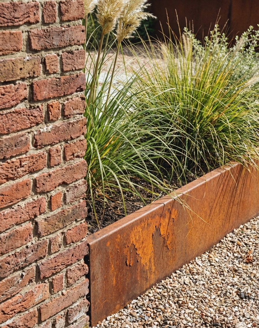 Contemporary extension to historic brick buildings at The Old Forge, with Corten steel roof detailing, glazed doors and a landscaped gravel courtyard.