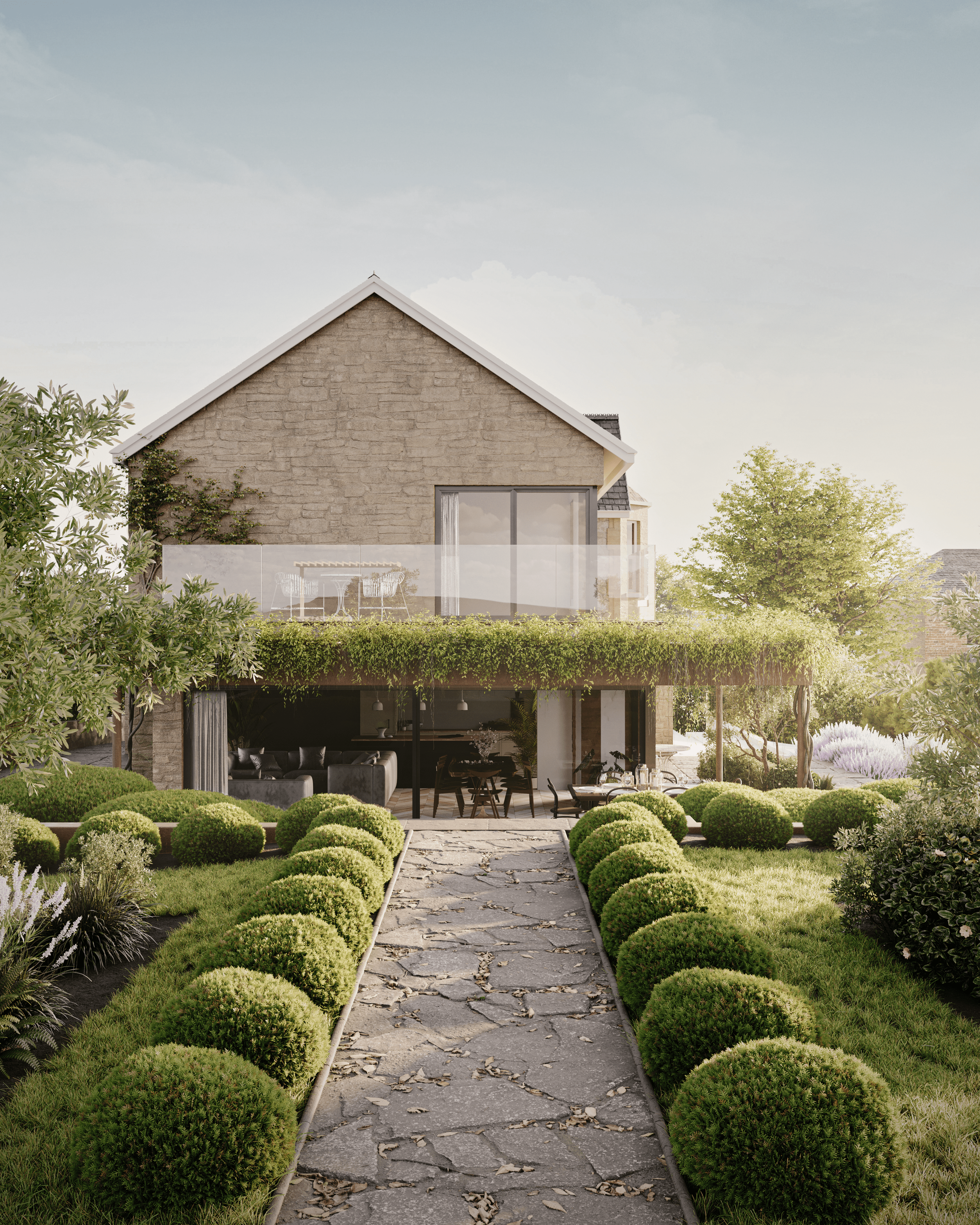 Natural stone wall and full-height glazing on the contemporary pavilion, with a slim rusted steel roof and grass-covered slope at Rolling Hills.