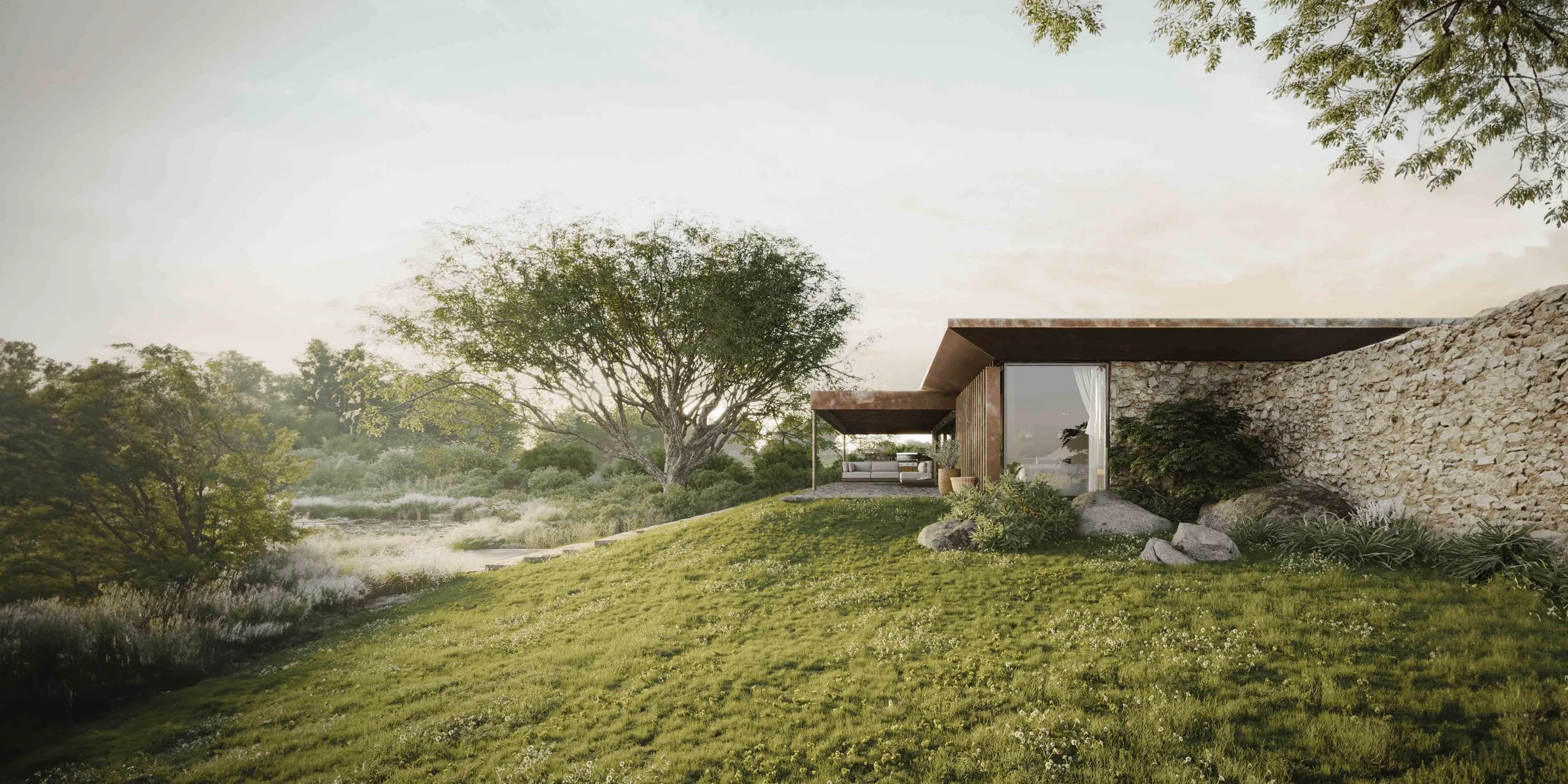 Natural stone wall and full-height glazing on the contemporary pavilion, with a slim rusted steel roof and grass-covered slope at Rolling Hills.