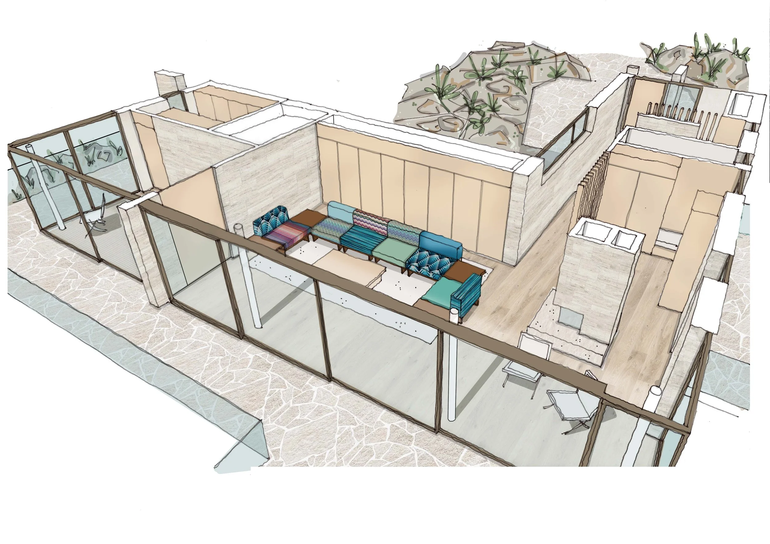 Architectural concept sketch of an open-plan coastal living space with generous glazing, a lounge seating area and a natural stone material palette.