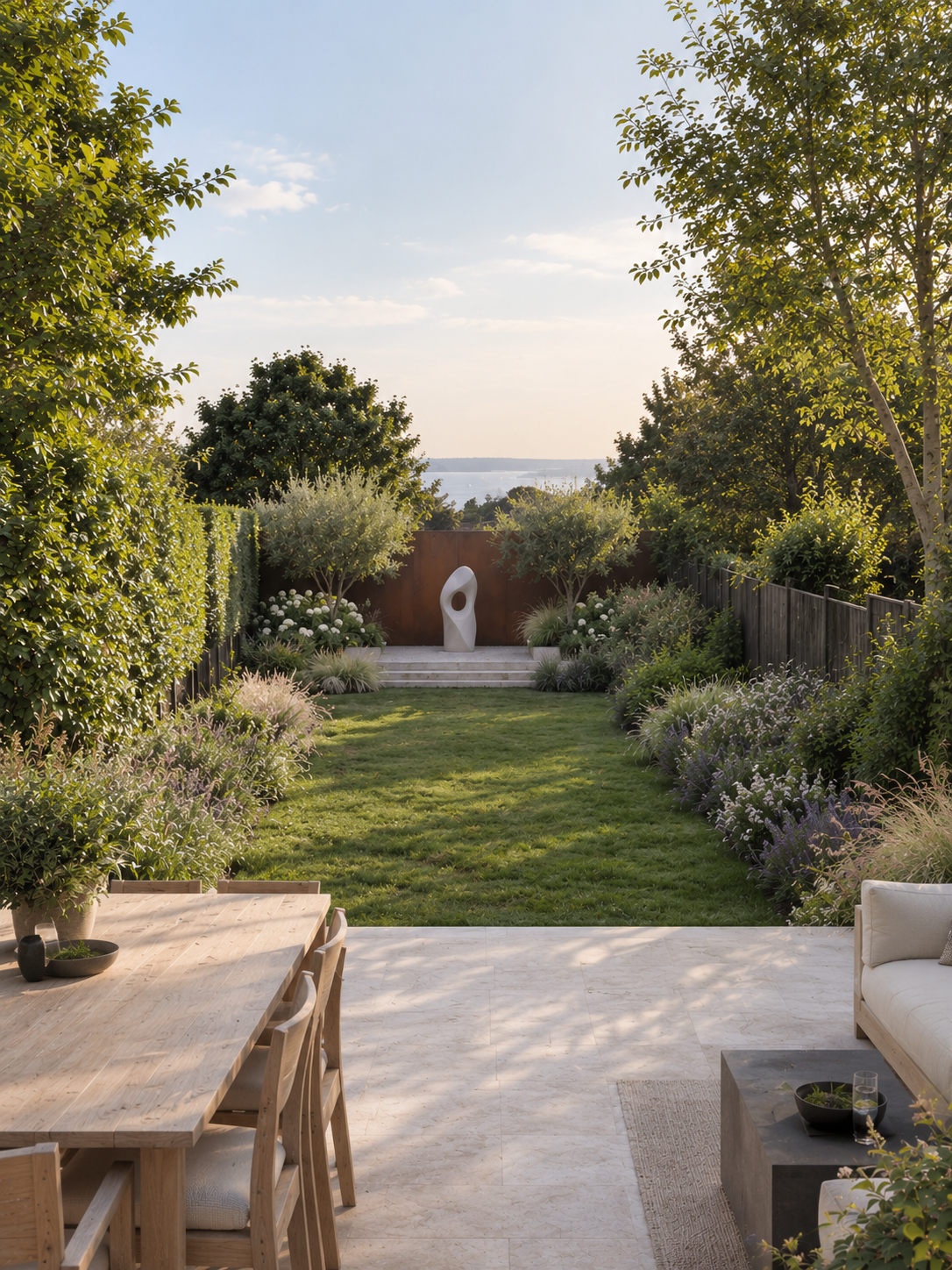 Landscaped garden at Donnington House with a central lawn, layered planting and a framed view towards the sea.