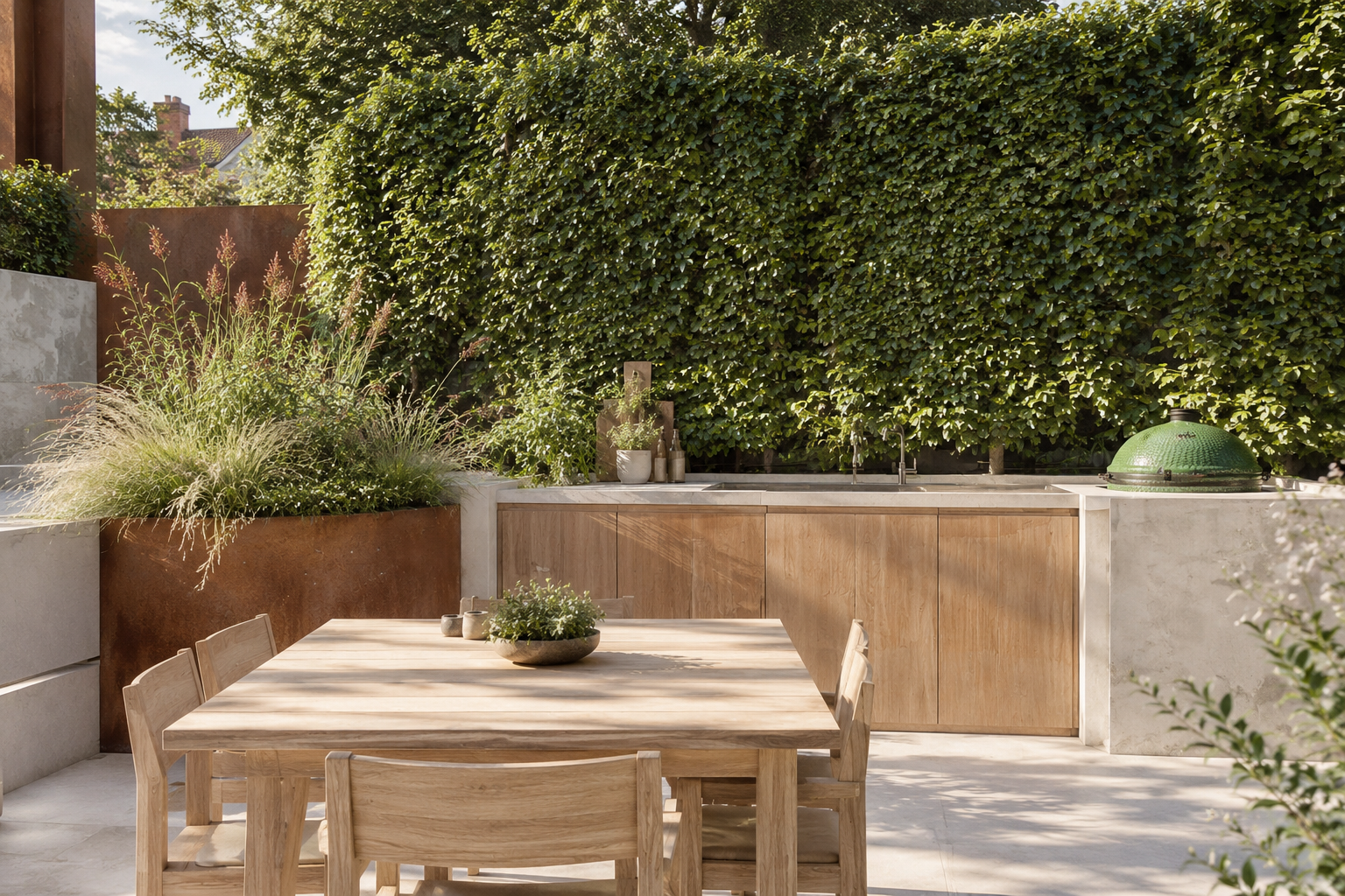 Bespoke outdoor kitchen and timber dining area at Donnington House, set within a sheltered garden terrace with concrete and Corten steel planters.