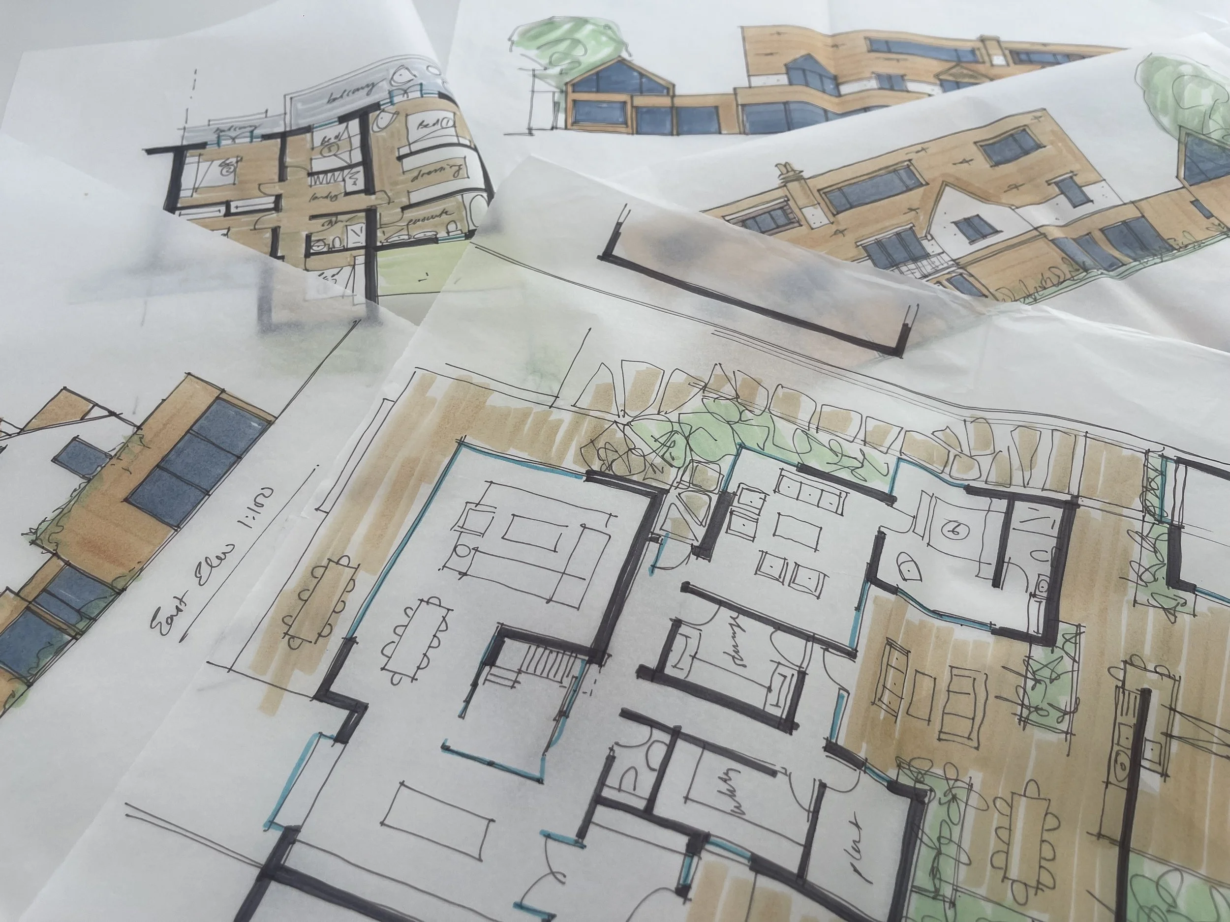 Hand-drawn architectural floor plans and elevation sketches exploring the layout and form of the Fairylee seaside house extension.