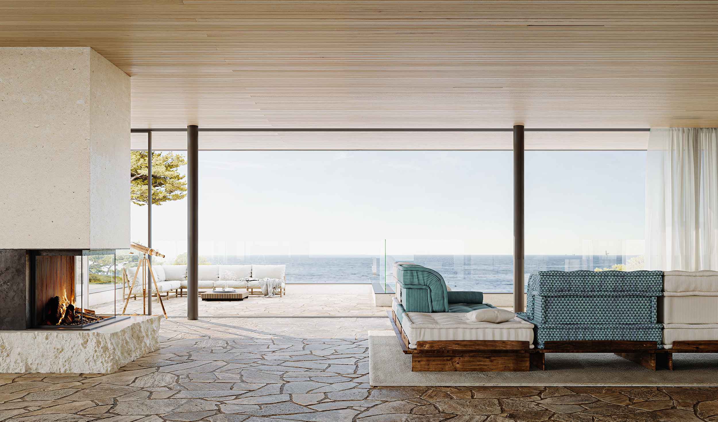 Architectural concept sketch of an open-plan coastal living space with generous glazing, a lounge seating area and a natural stone material palette.
