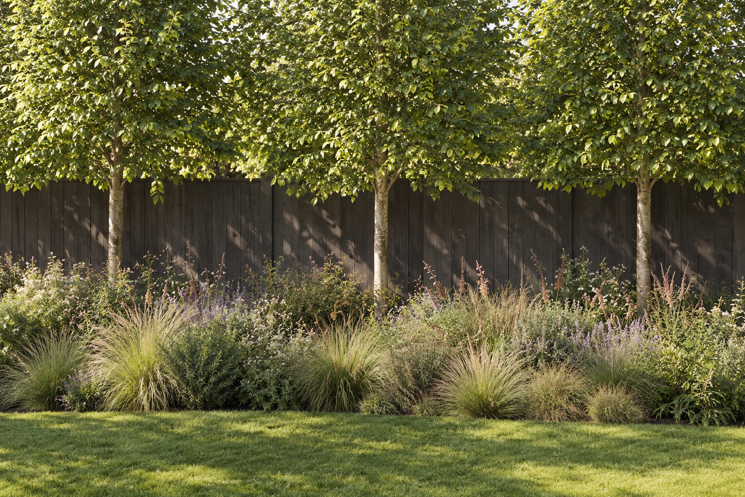 Layered landscape planting at Donnington House, with ornamental grasses, flowering perennials and small trees beside the lawn.