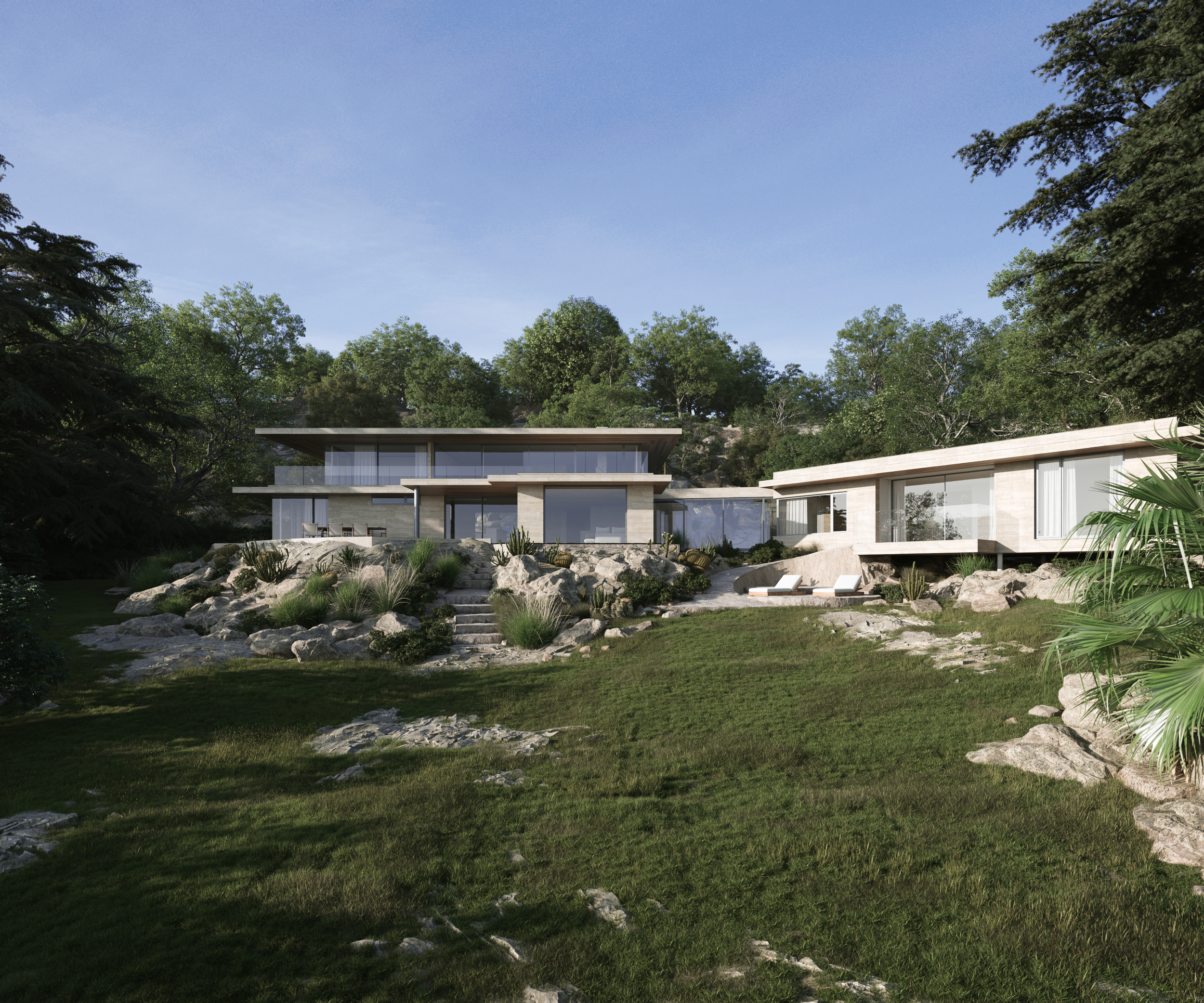 Contemporary coastal house design featuring pale natural stone cladding, clean geometric forms and large openings framing views towards the sea.