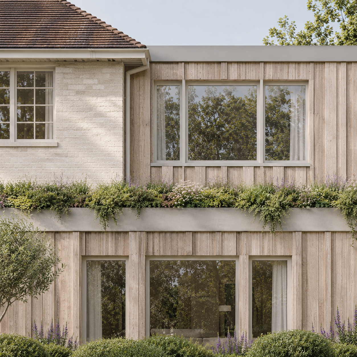 Textured natural timber cladding at Wighthaven, with carefully detailed horizontal and vertical timber elements creating depth and shadow across the facade.