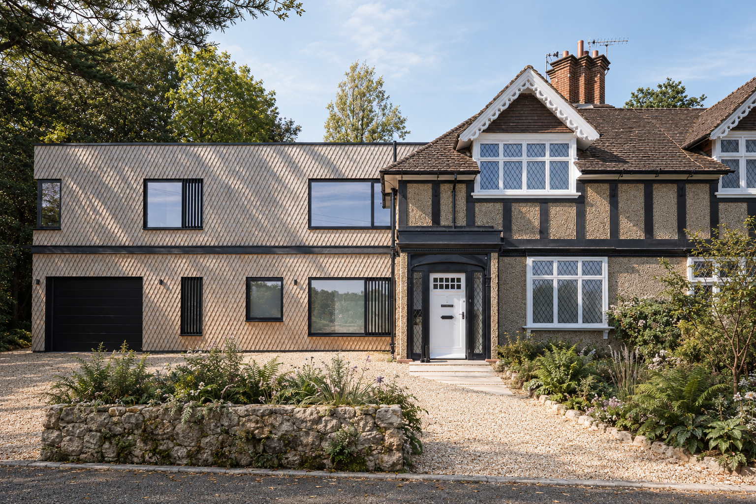 Contemporary two-storey extension clad in diamond-pattern oak shingles beside a traditional Mock Tudor house in Seaview, Isle of Wight