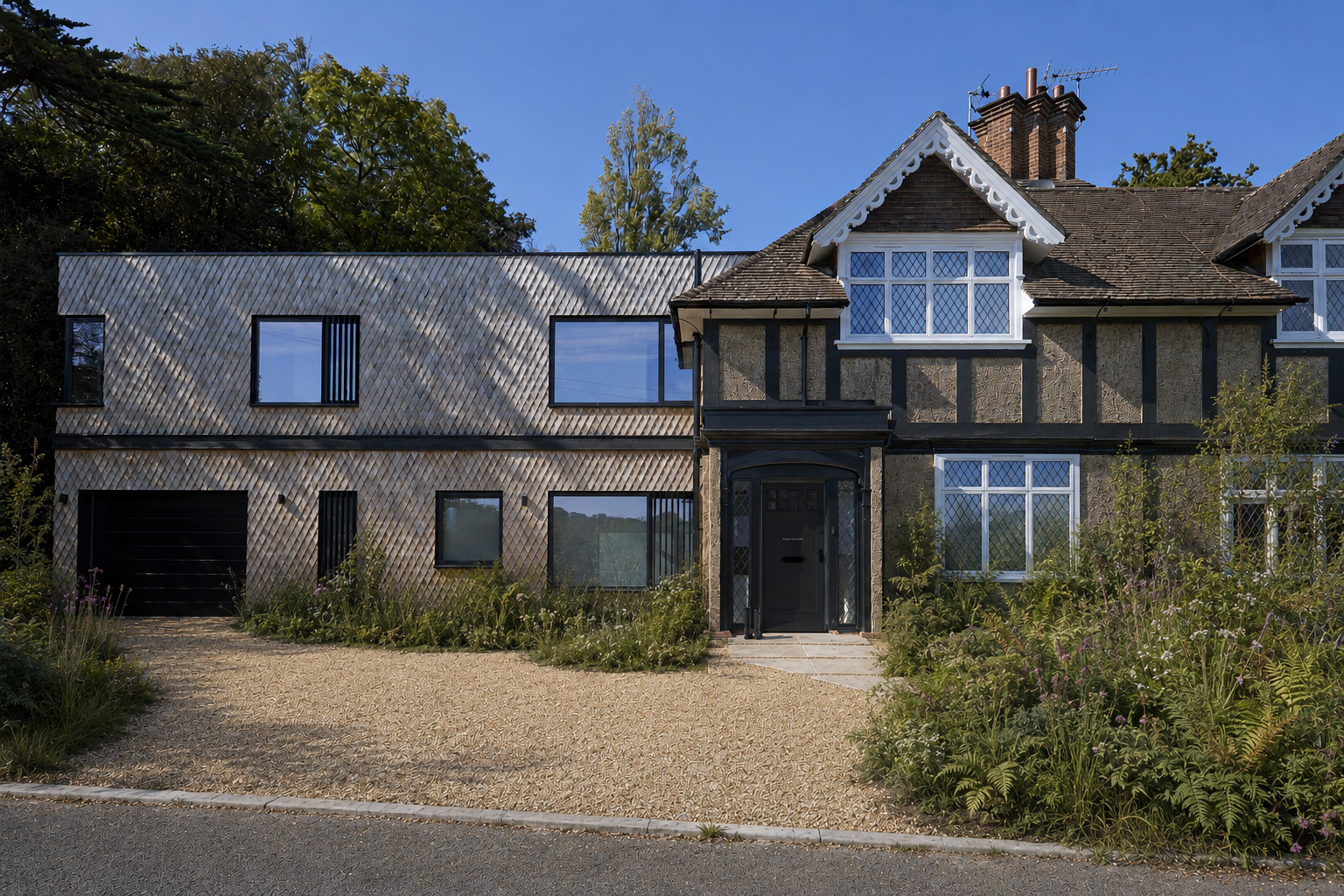 Contemporary timber extension on traditional tudor inspired building isle of wight