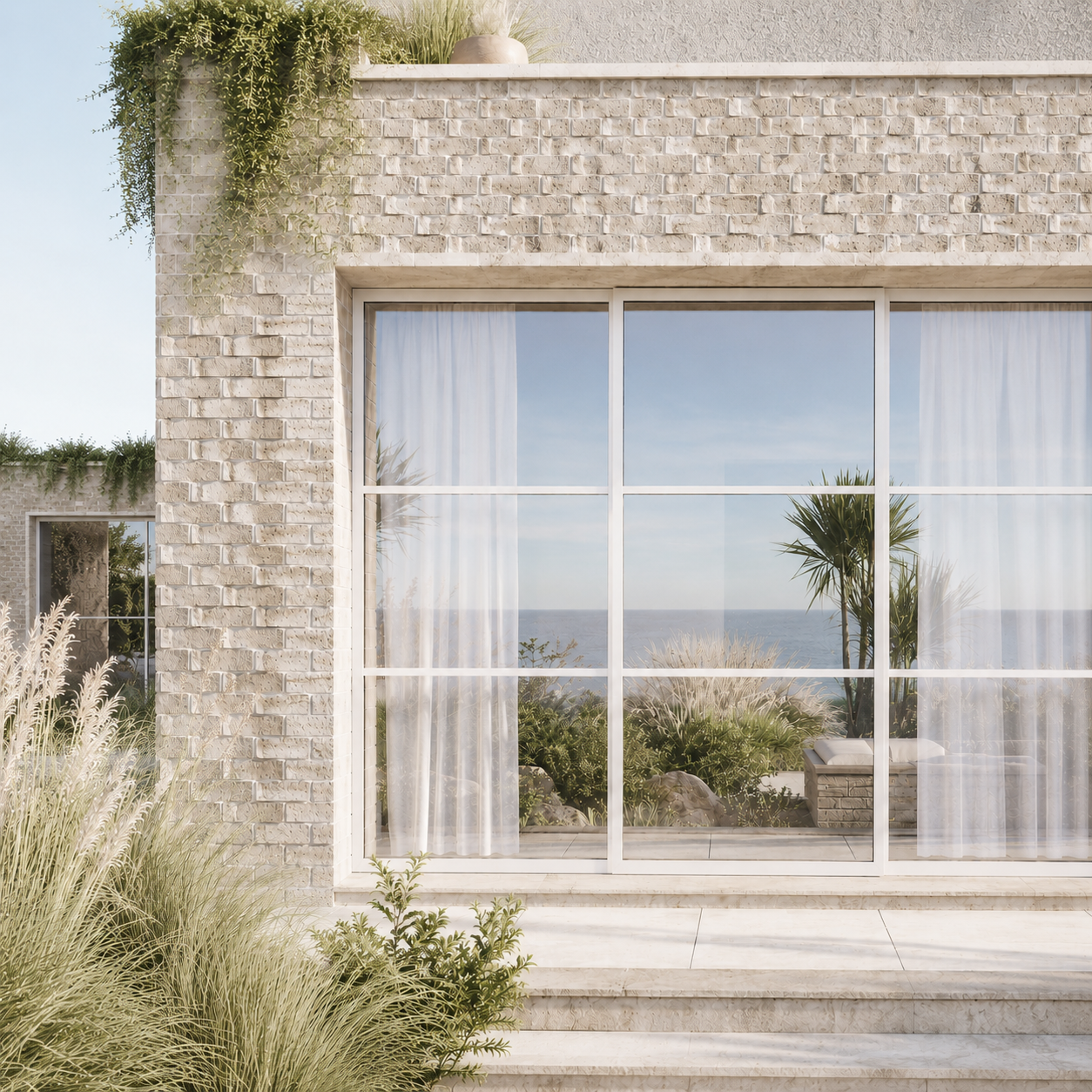 Close-up of Fairylee’s pale patterned brickwork and large framed window, showing the detailed material palette of the contemporary extension.