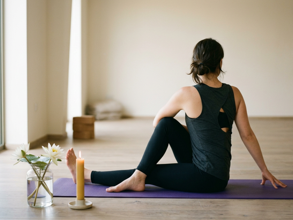 junge Frau im Yogaretreat sitzt im Yoga Drehsitz