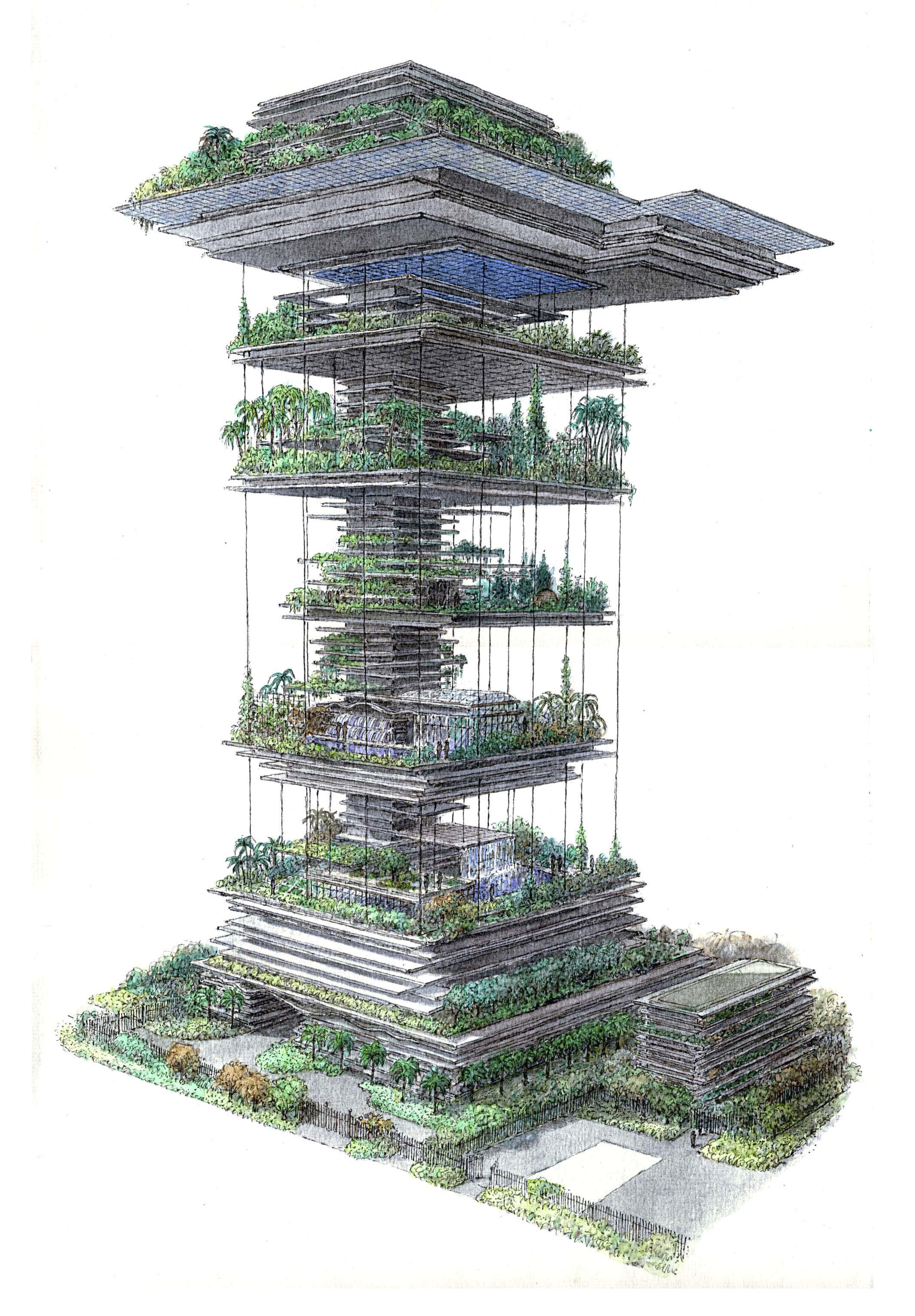 Antilia ‘Vertiscape” Tower – Mumbai, India – 2003Tower drawing by J. Wines showing the multi-layered Hindu gardens and cable support system.