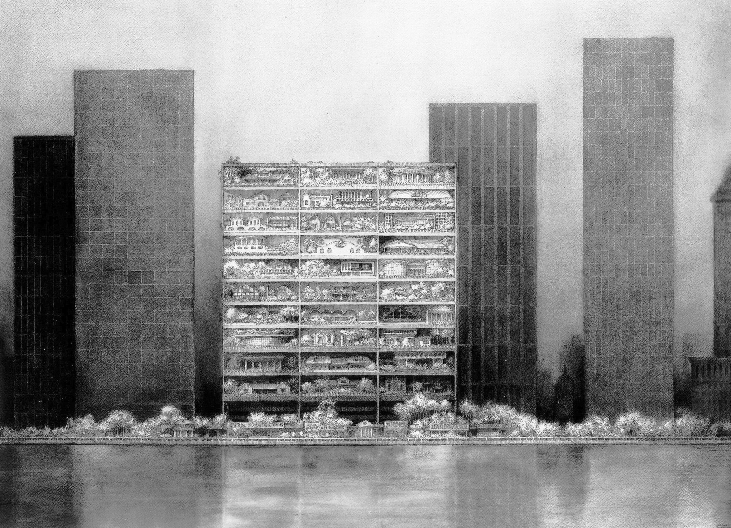 Highrise of Homes – Theoretical project by SITE for urban locations in the USA – 1981 – City view.