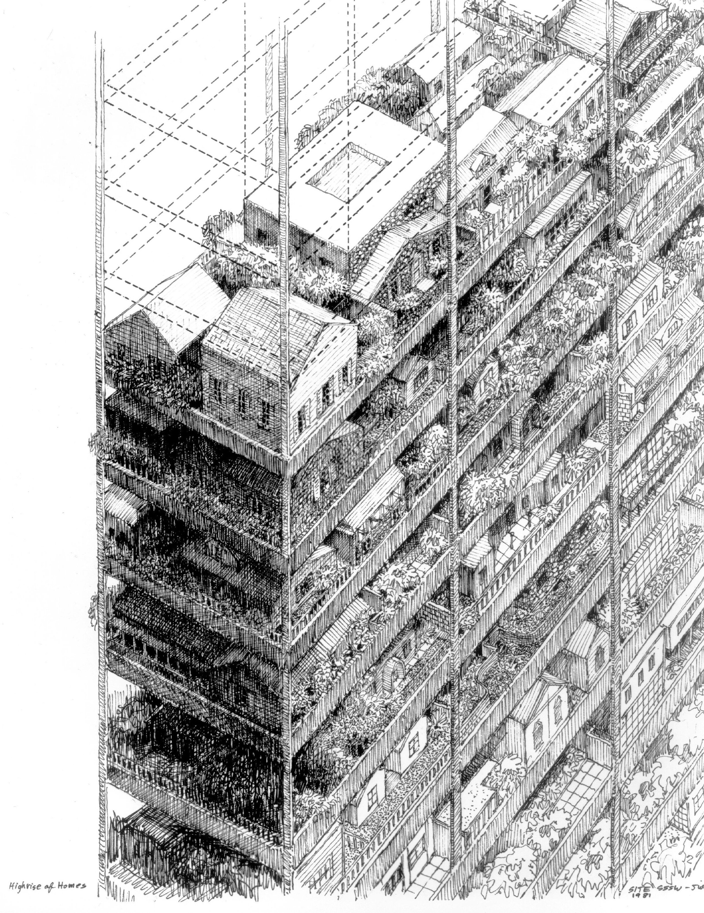 Highrise of Homes - Theoretical project by SITE for urban locations in the USA – 1981 – Axonometric drawing by J. Wines, showing individual floor space occupancy with random choices of gardens and home façades.
