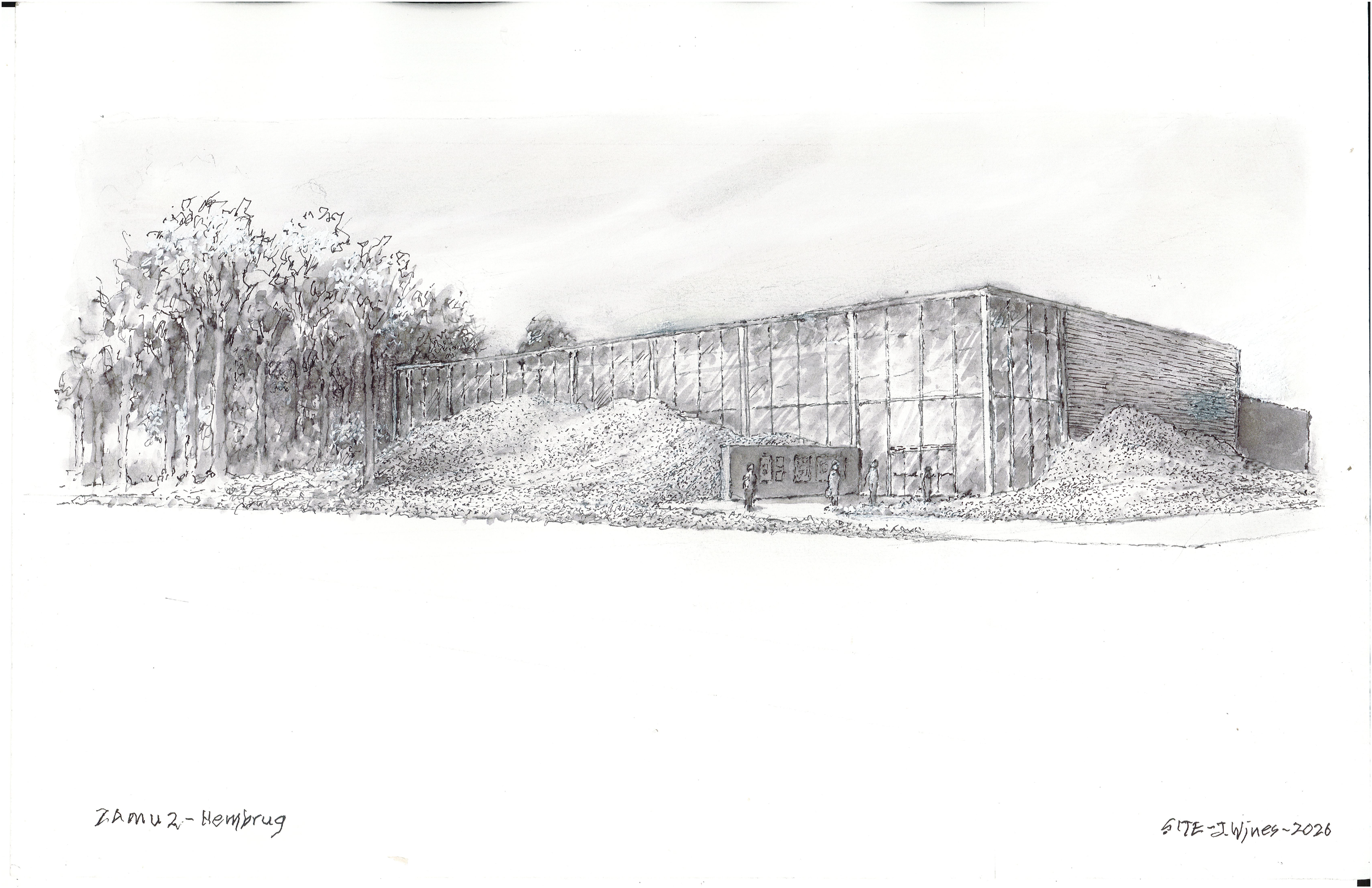 Proposal showing the building , located on 6320 sq. meters of grass lawn, where the horizontal green surfaces are rolled up to meet the façade in a carpet-like invasion of architecture - including fragmented contours that articulate the higher elevat