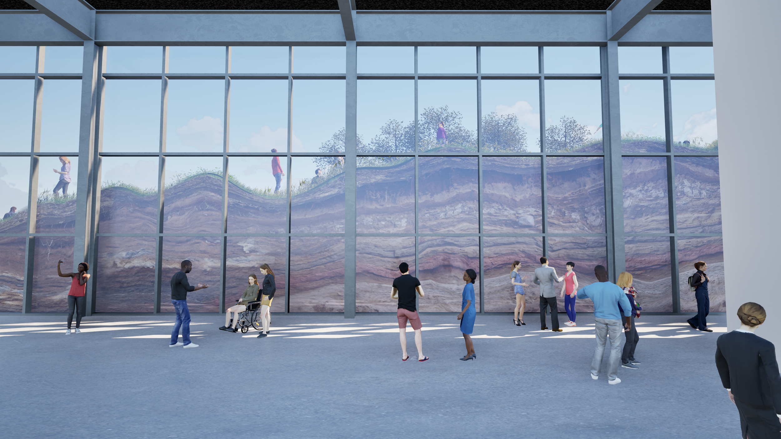From inside, museum visitors would see the facade cutting through the earth to reveal the environmental, geological and military history of the site juxtaposed against the artwork. 
