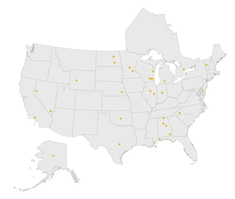 Map of the United States showing gBETA program locations marked with yellow dots across multiple cities.