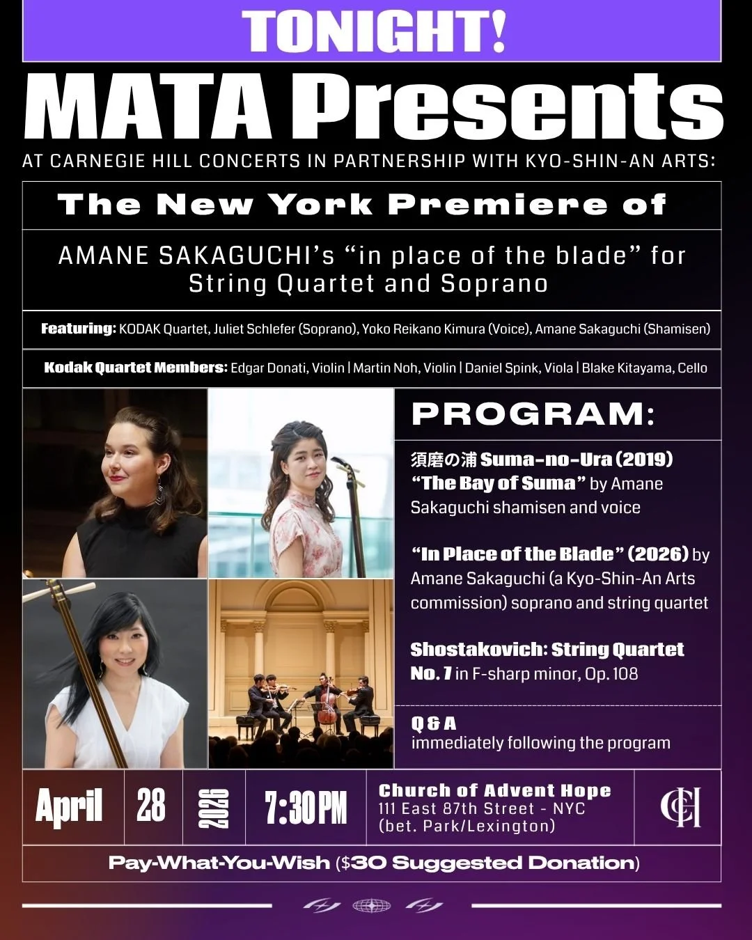 TONIGHT! MATA Presents: Amane Sakaguchi with Kodak Quartet +Juliet Schlefer (Soprano) and Yoko Reikano Kimura