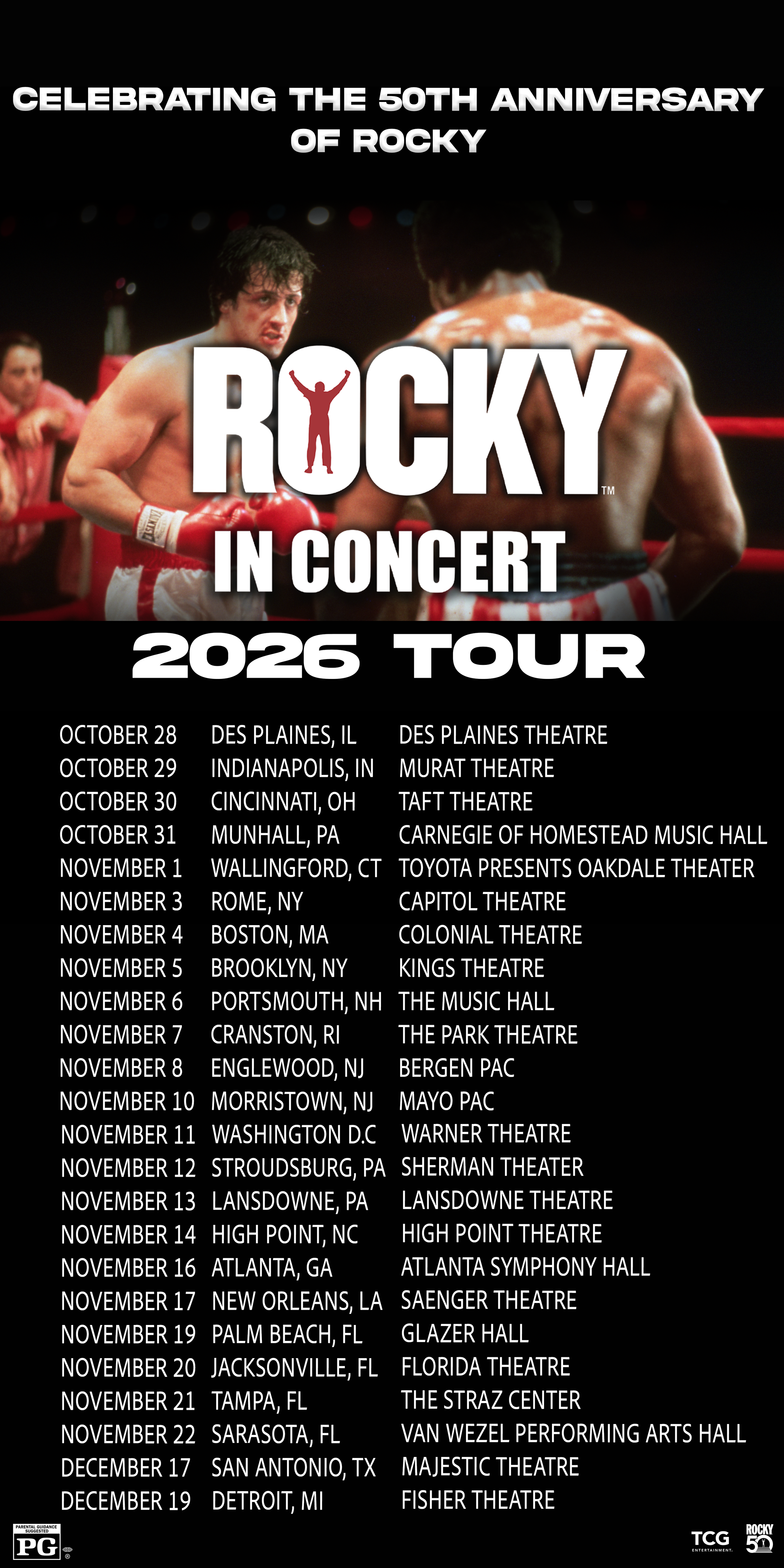 Poster announcing Rocky in Concert 2025 tour, featuring an image of boxing match between two men, with one looking at the other. The poster lists tour dates and venues across various cities from October to December.