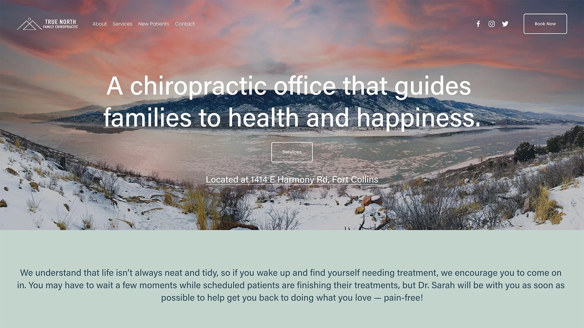 True North Family Chiropractic website home page featuring beautiful sunset over mountain range picture.