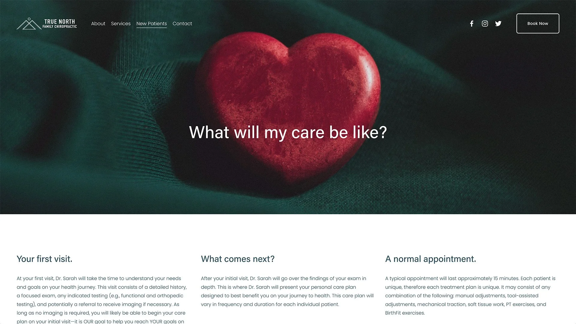 True North Family Chiropractic new patient page featuring Valentine's heart on velvet background.