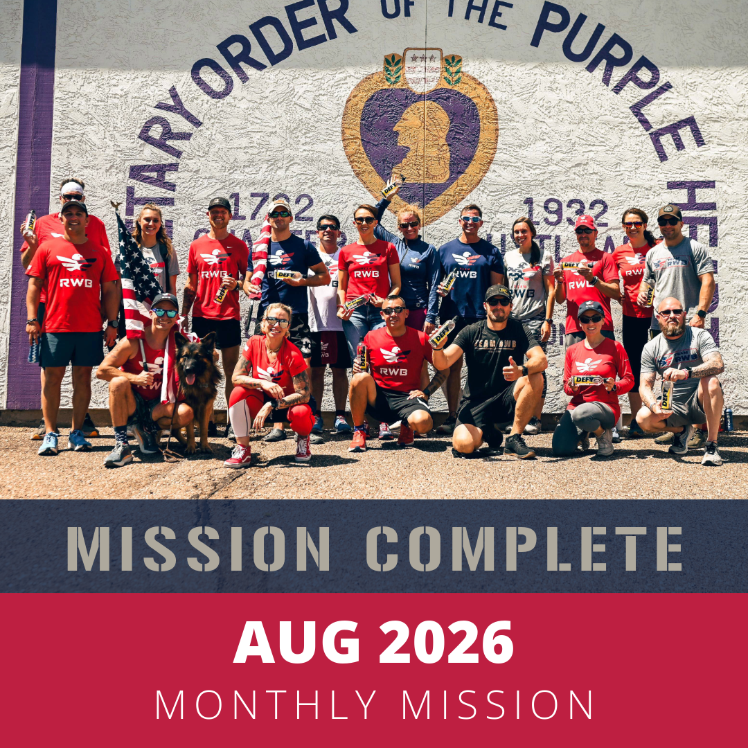 Group of people in sportswear gathered in front of a mural that says 'The Army Ordered of the Purple Heart' with a shield and profile of a person, some holding drinks and an American flag, all smiling and posing for a photo.
